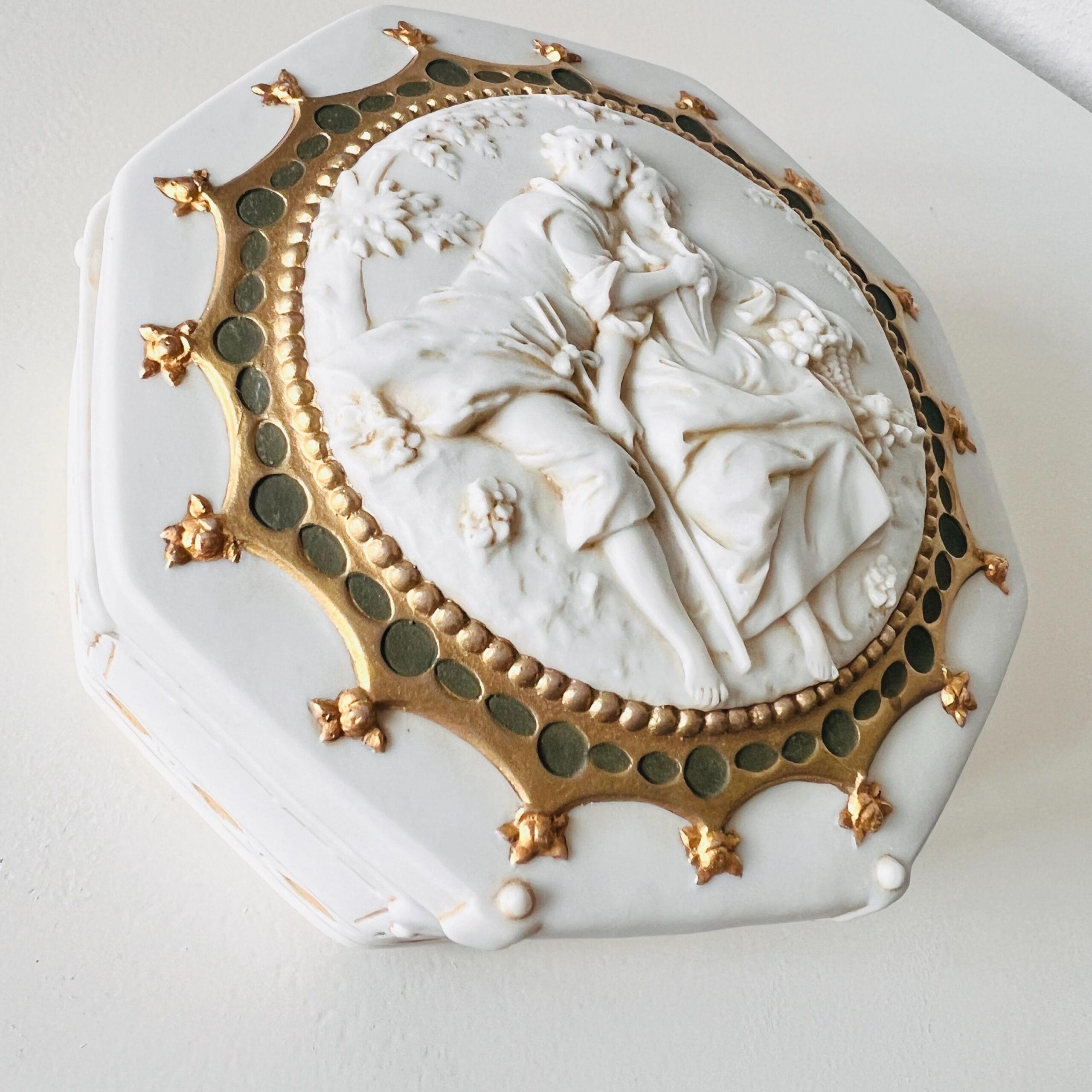 Biscuit Porcelain Jewelry Box with Lid, Hexagonal German Trinket Holder by E. and A. Müller, White Keepsake Case, Elegant Vintage Decor
