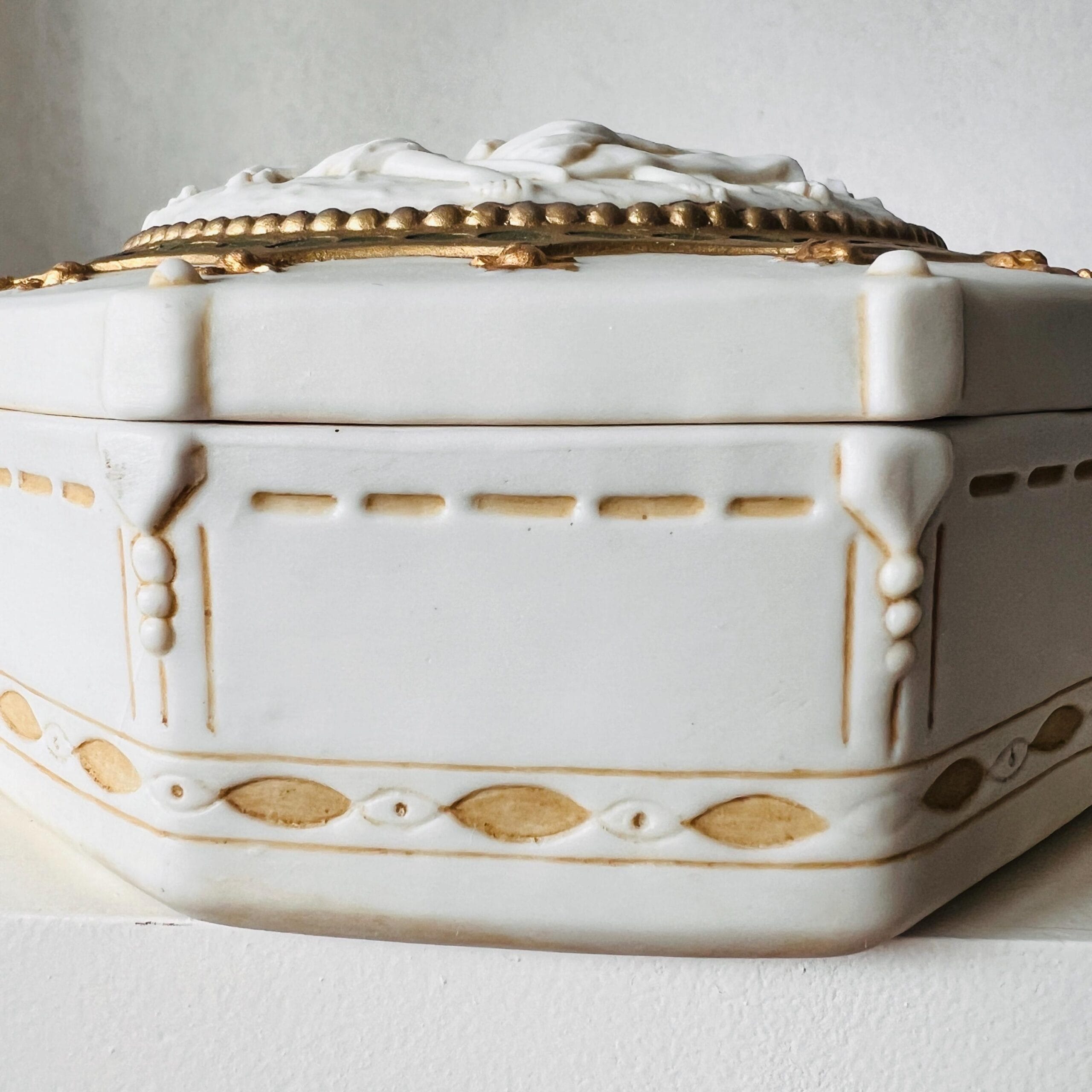 Biscuit Porcelain Jewelry Box with Lid, Hexagonal German Trinket Holder by E. and A. Müller, White Keepsake Case, Elegant Vintage Decor
