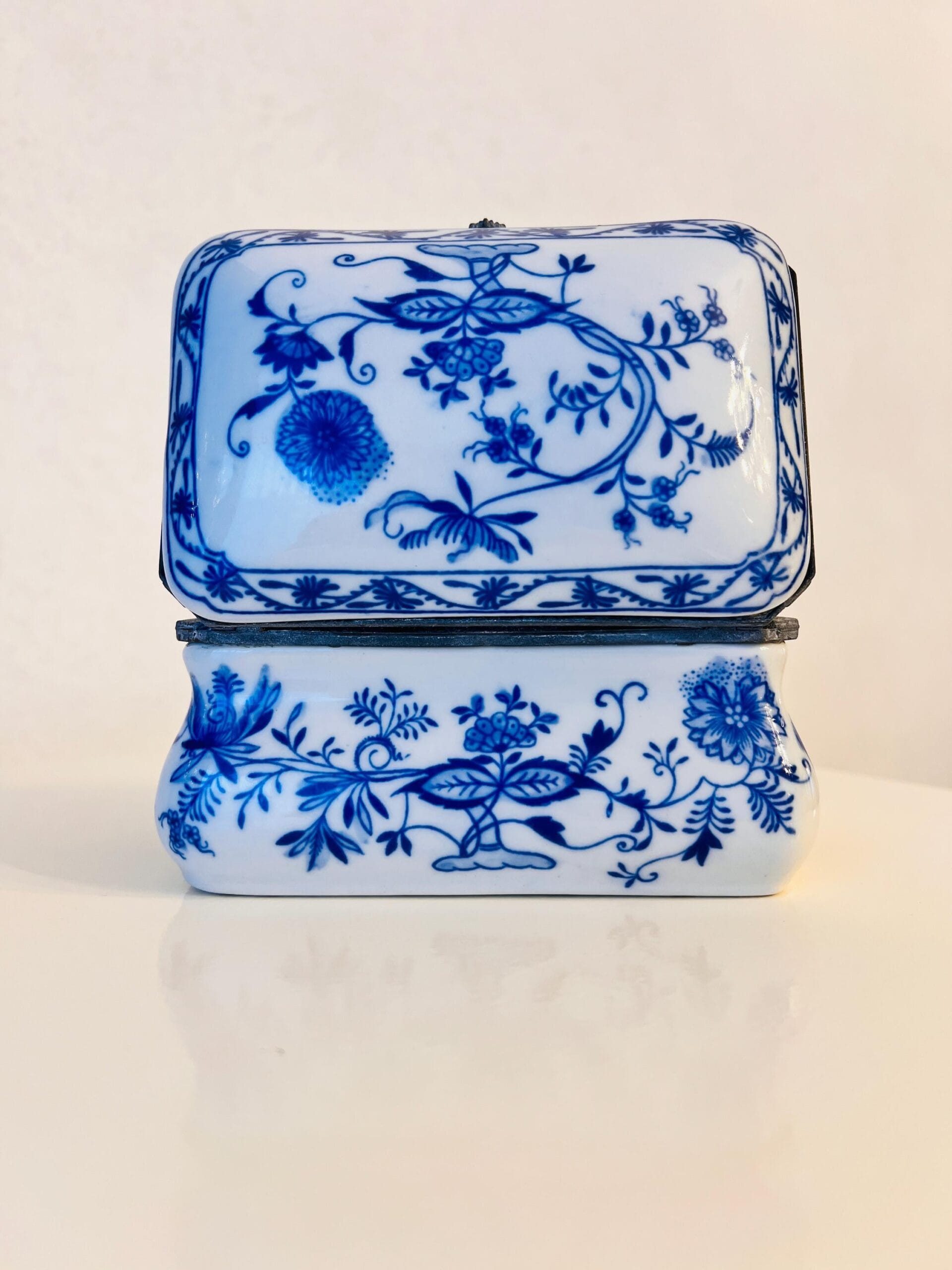 Hand-painted Porcelain Jewelry Box with Danube Blue Onion Pattern, Vintage Trinket Storage Inspired by Meissen Style
