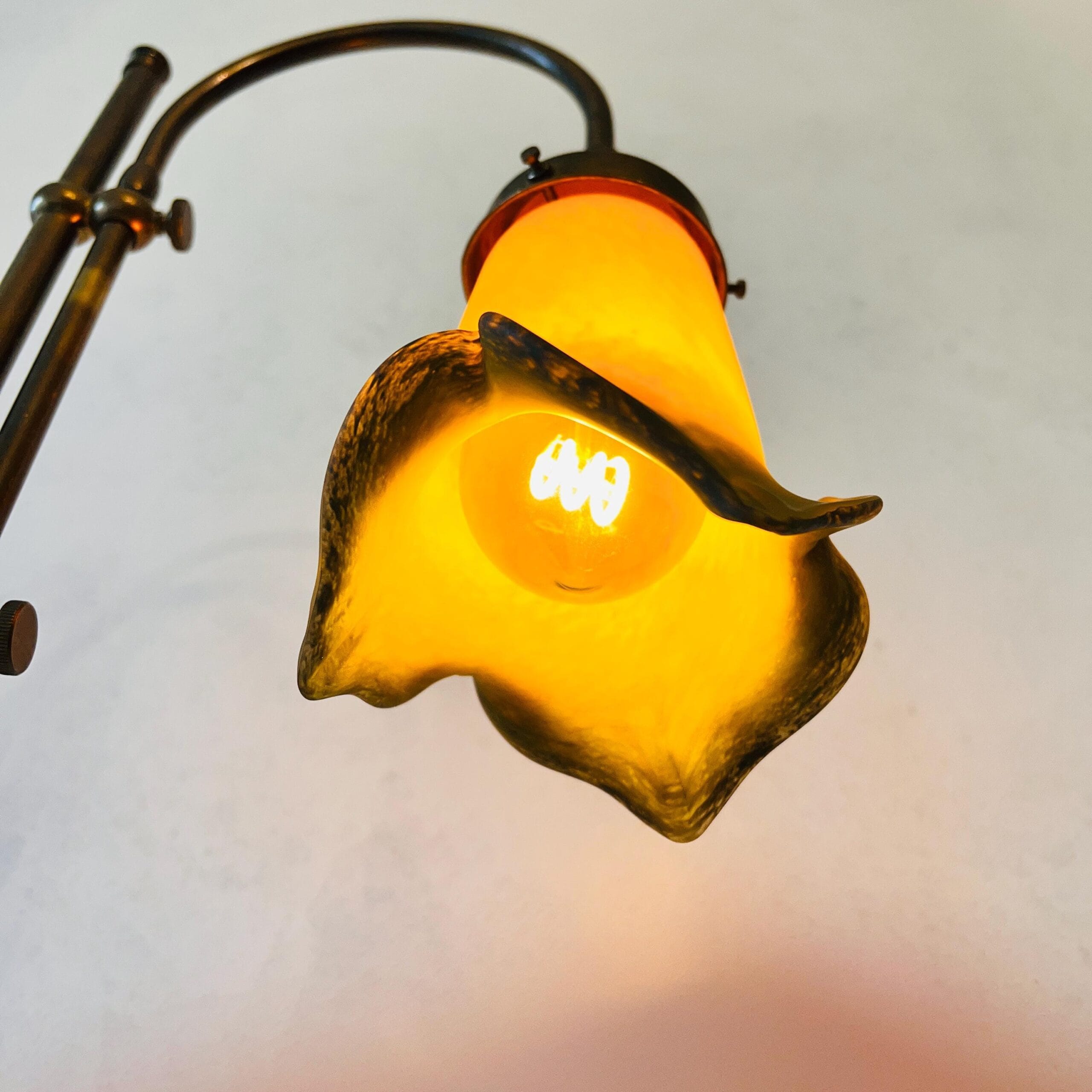 Frosted Glass Brass Desk Lamp with Flower Shade, Adjustable 70s Lighting, French Style Pate de Vere Table Light