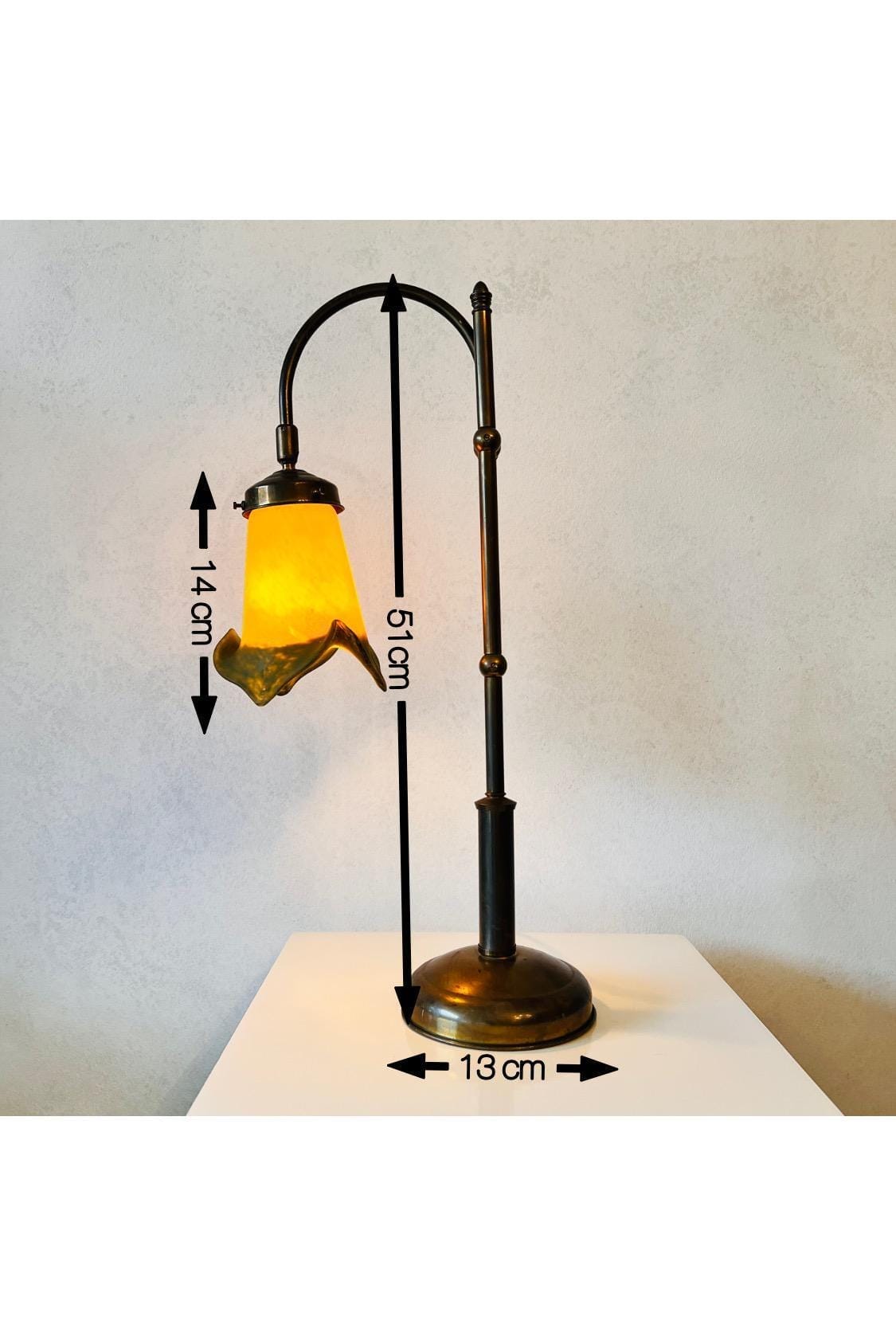 Frosted Glass Brass Desk Lamp with Flower Shade, Adjustable 70s Lighting, French Style Pate de Vere Table Light