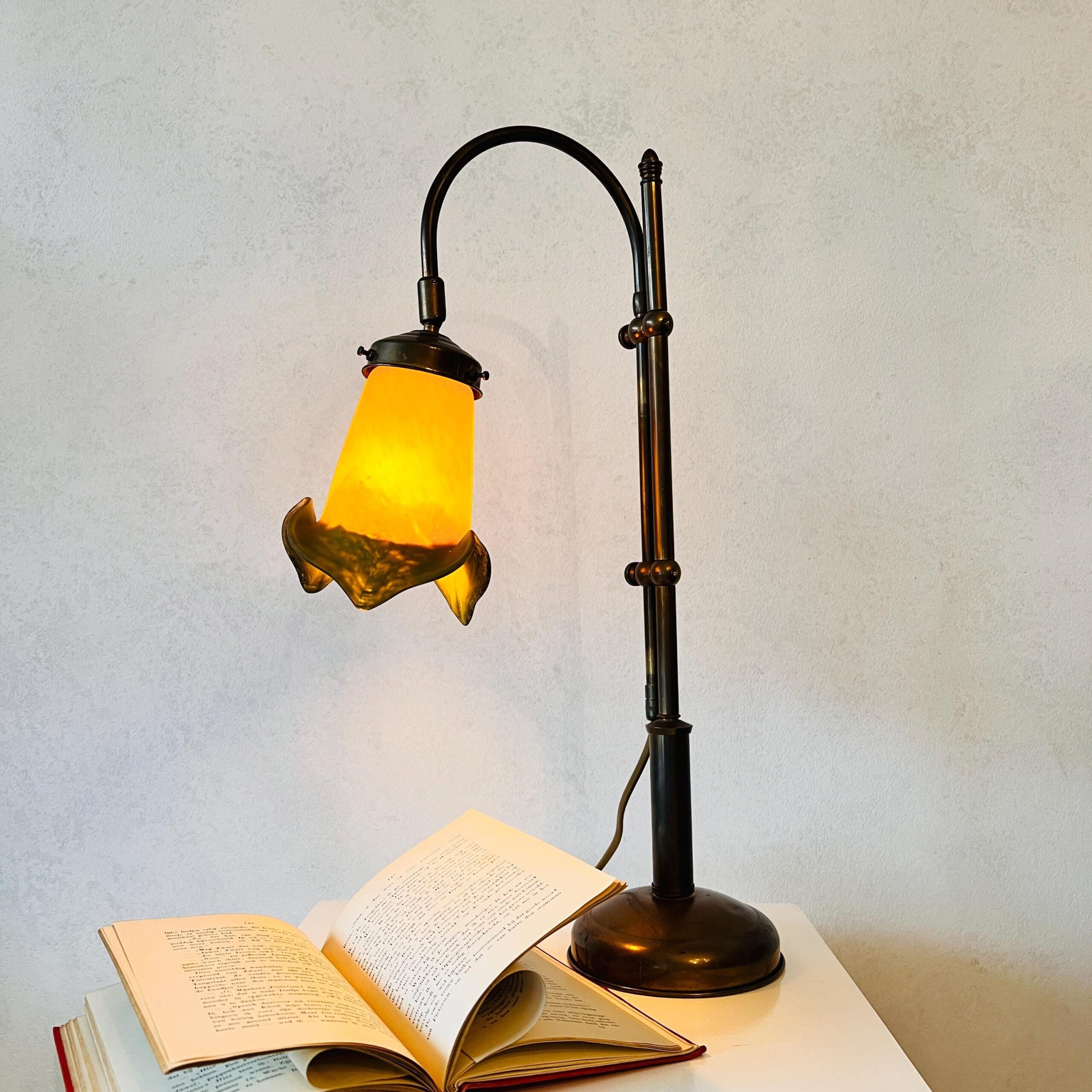 Frosted Glass Brass Desk Lamp with Flower Shade, Adjustable 70s Lighting, French Style Pate de Vere Table Light