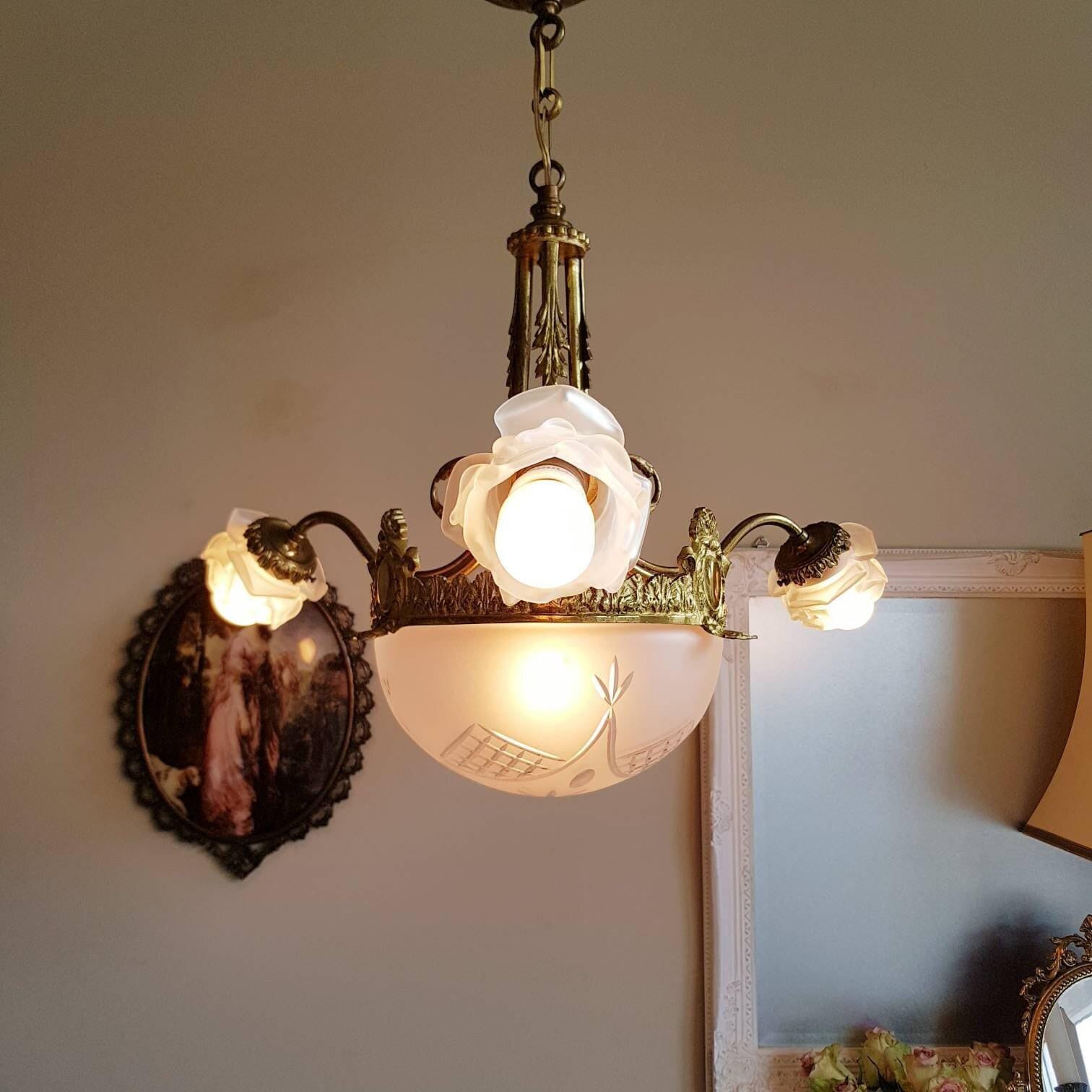 Antique Art Deco Bronze Glass Chandelier with Satin Shades, French Pendant Light, 3 Arm Ceiling Fixture, 4 Bulb Vintage Lighting