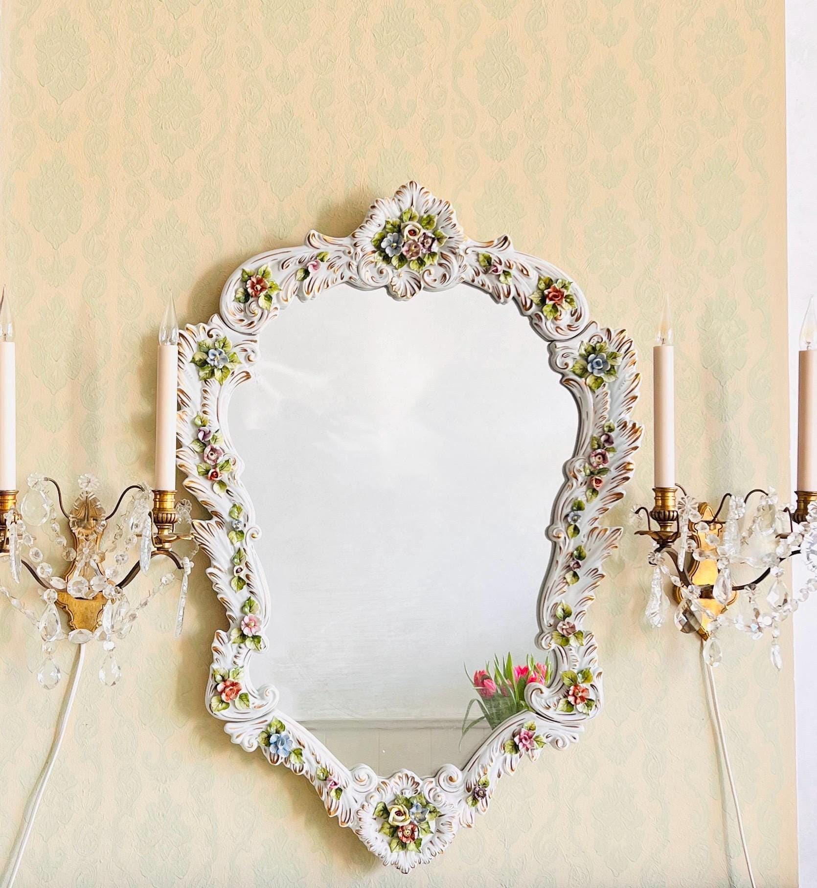 Porcelain Hollywood Regency Wall Mirror – Mid-Century Venetian Style, Italian Capodimonte Look, Gold Frame Accent Decor