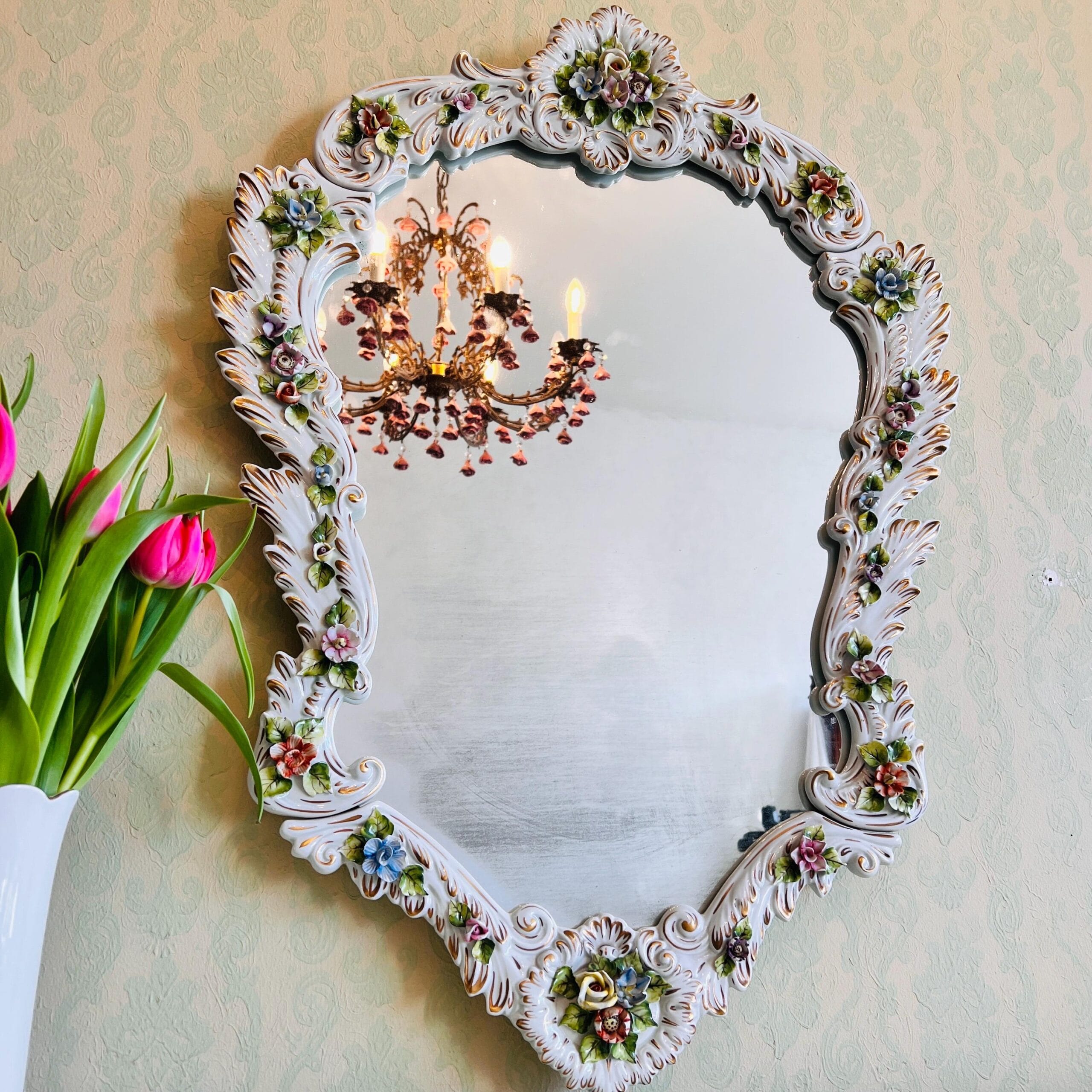 Porcelain Hollywood Regency Wall Mirror – Mid-Century Venetian Style, Italian Capodimonte Look, Gold Frame Accent Decor