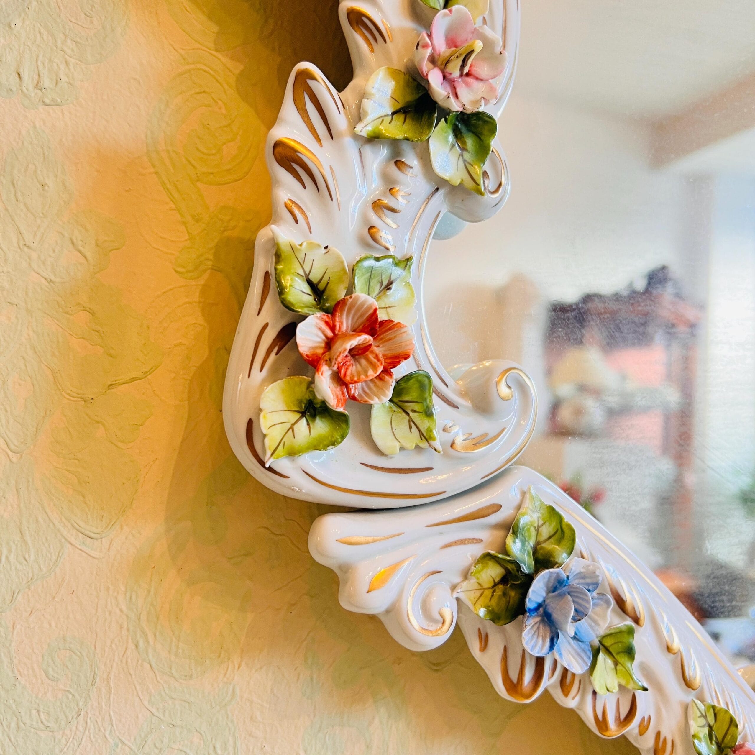 Porcelain Hollywood Regency Wall Mirror – Mid-Century Venetian Style, Italian Capodimonte Look, Gold Frame Accent Decor