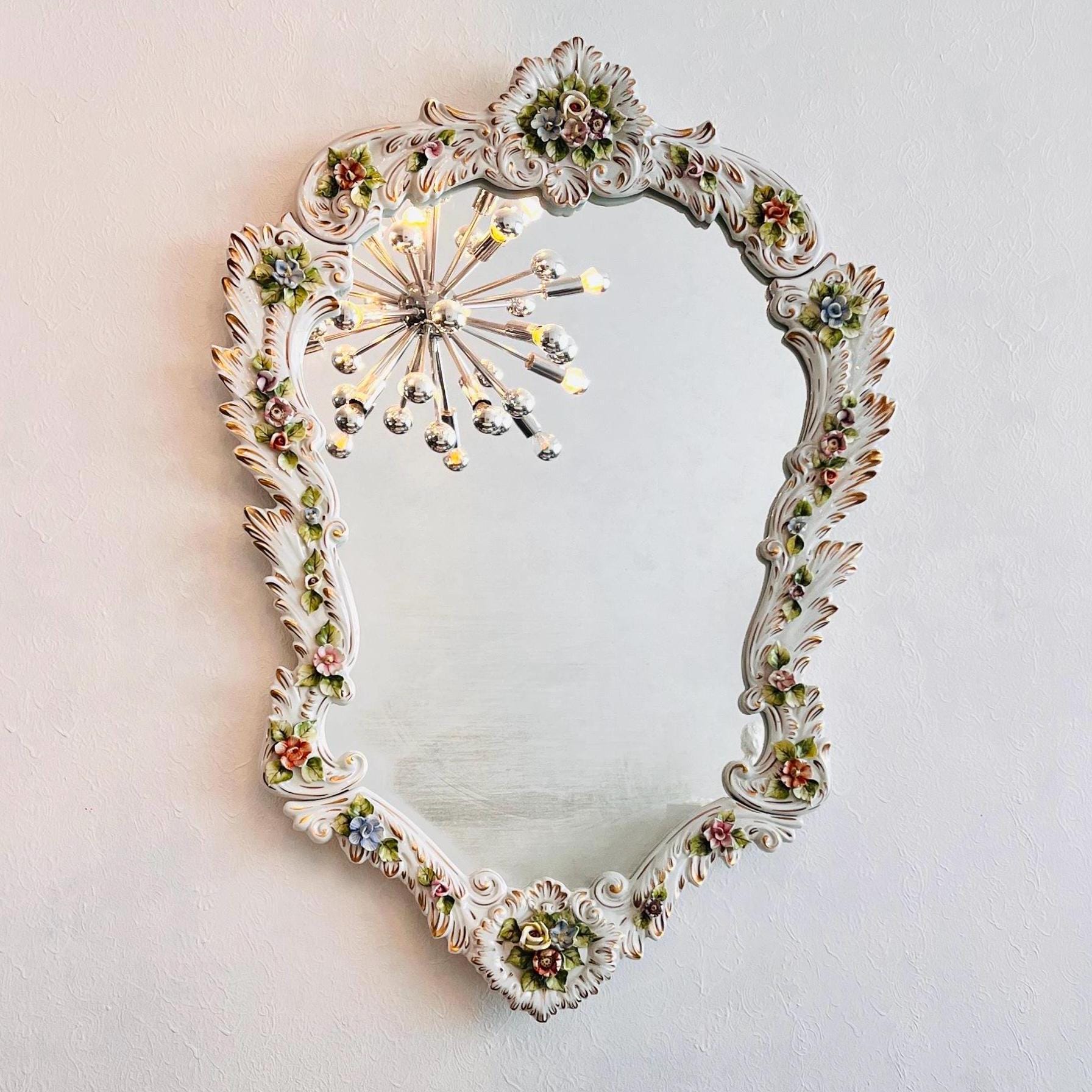 Porcelain Hollywood Regency Wall Mirror – Mid-Century Venetian Style, Italian Capodimonte Look, Gold Frame Accent Decor