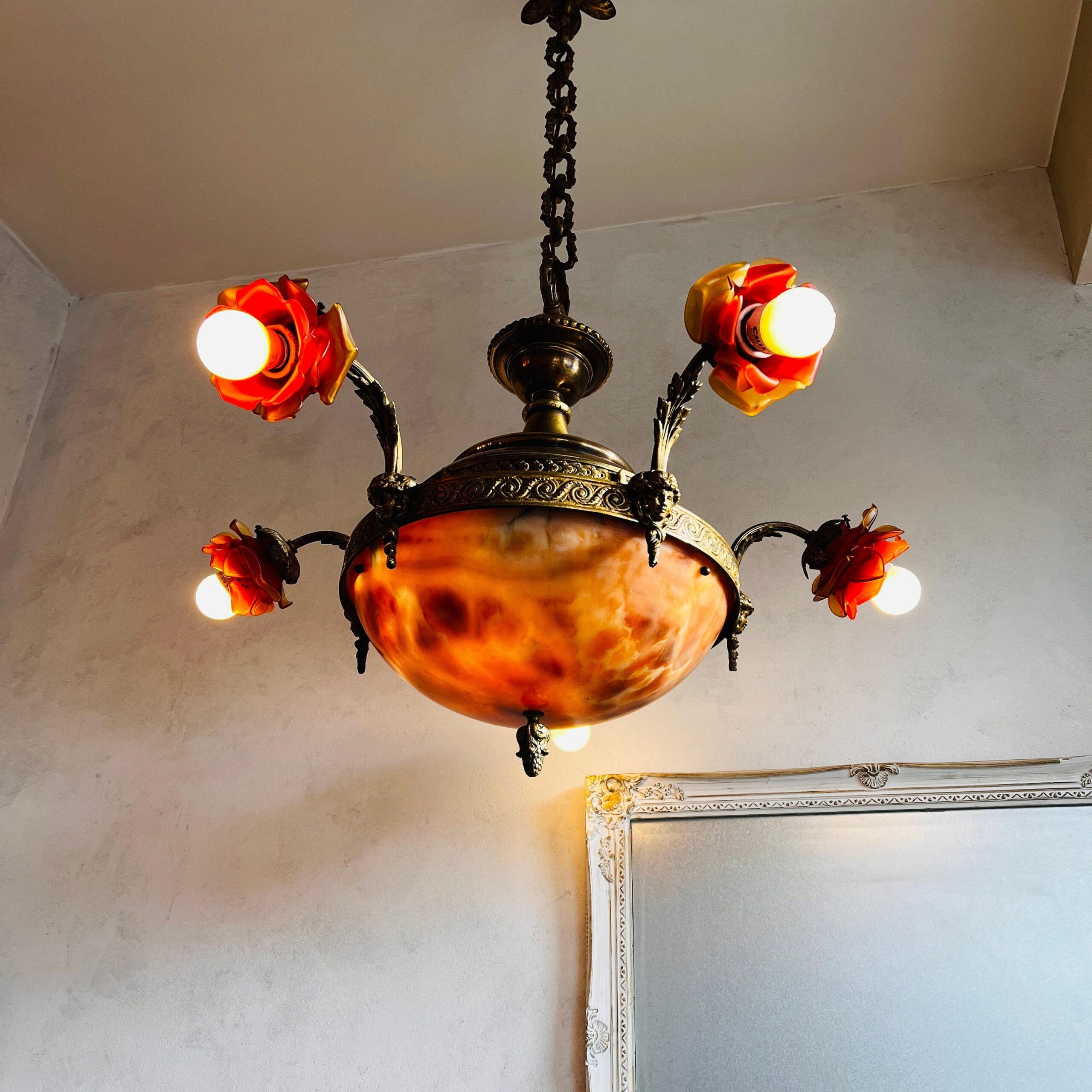 French Bronze Chandelier with Marble Disc and Vianne Shades | Rococo Louis XV Lighting | Ornate Vintage Ceiling Fixture