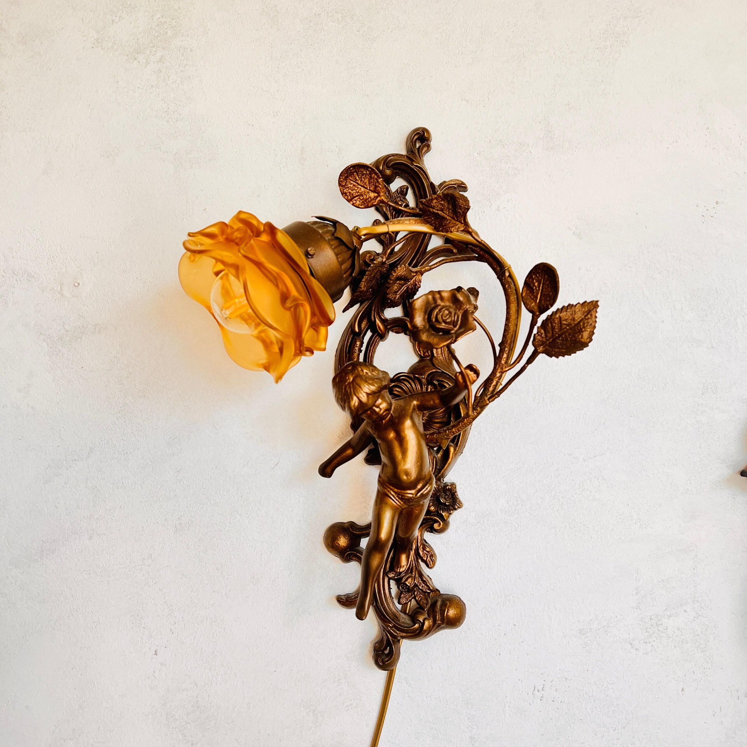 Bronze Cherub Wall Sconces with Frosted Glass Shades, Italian Pair of Wall Lamps for Romantic Vintage Home Lighting Decor