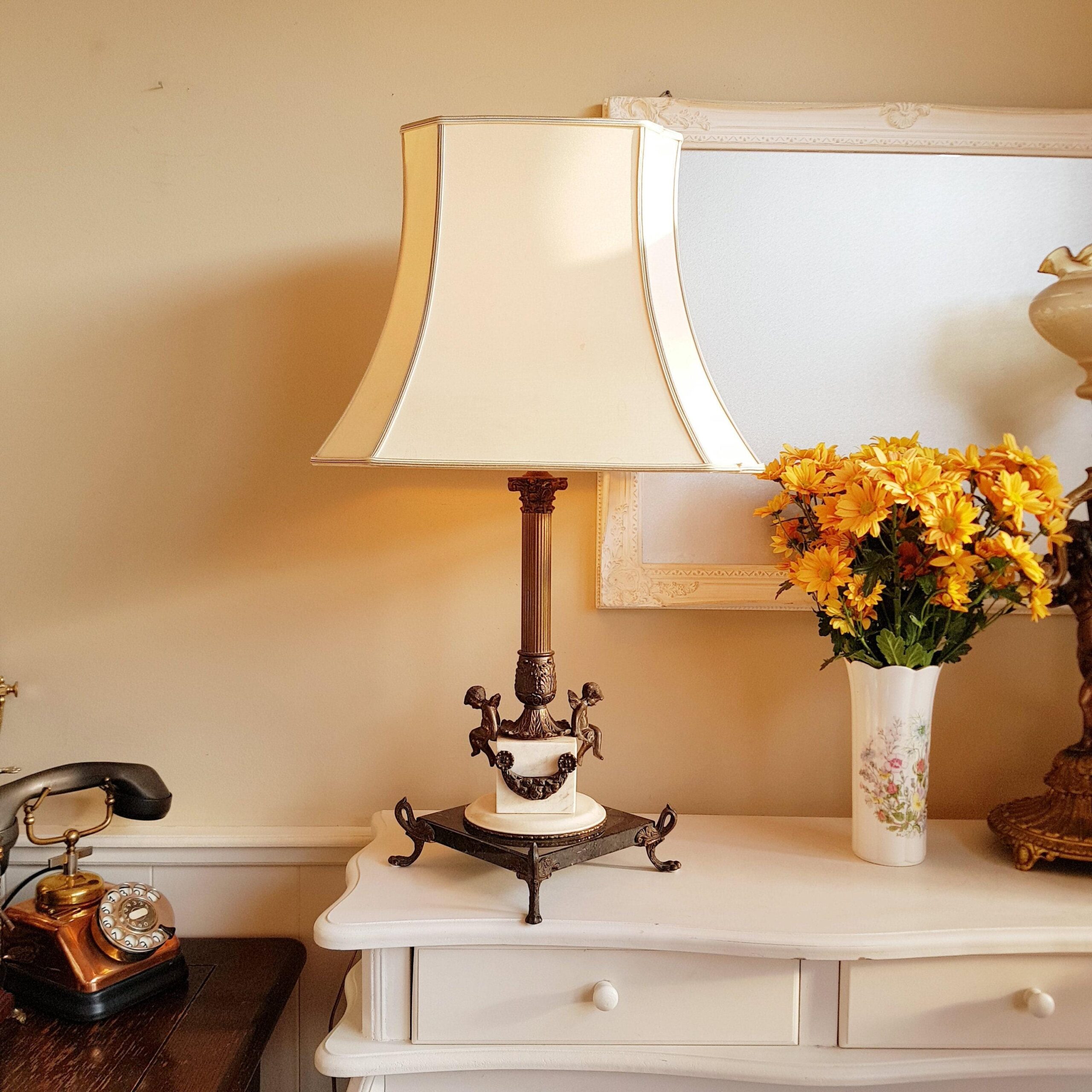 Bronze and Marble Cherub Table Lamp, French Empire Style Column Light, 19th Century Home Lighting, Ornate Bedside Accent