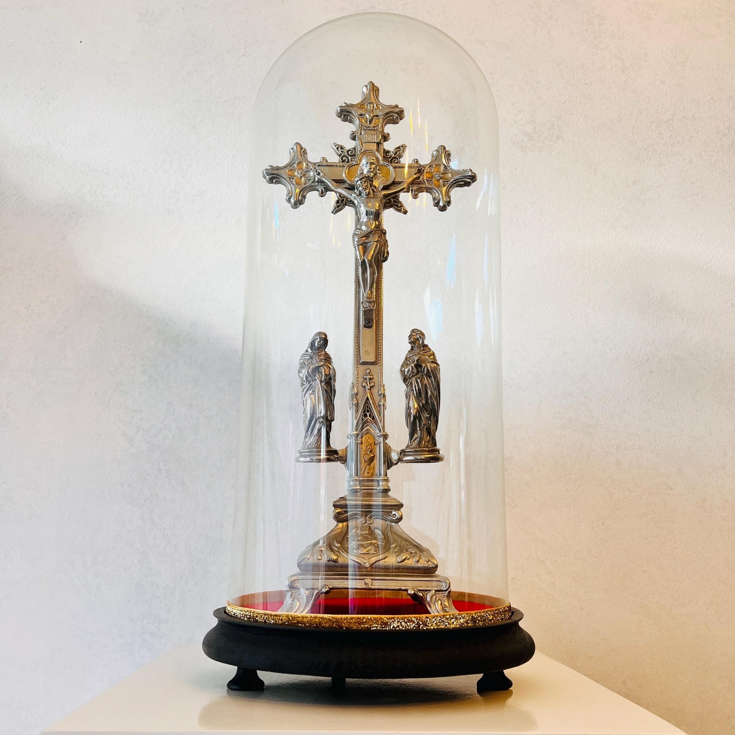 Glass Dome Religious Crucifix with Wooden Base, French Style Christian Cross Display for Home Altar or Sacred Decor