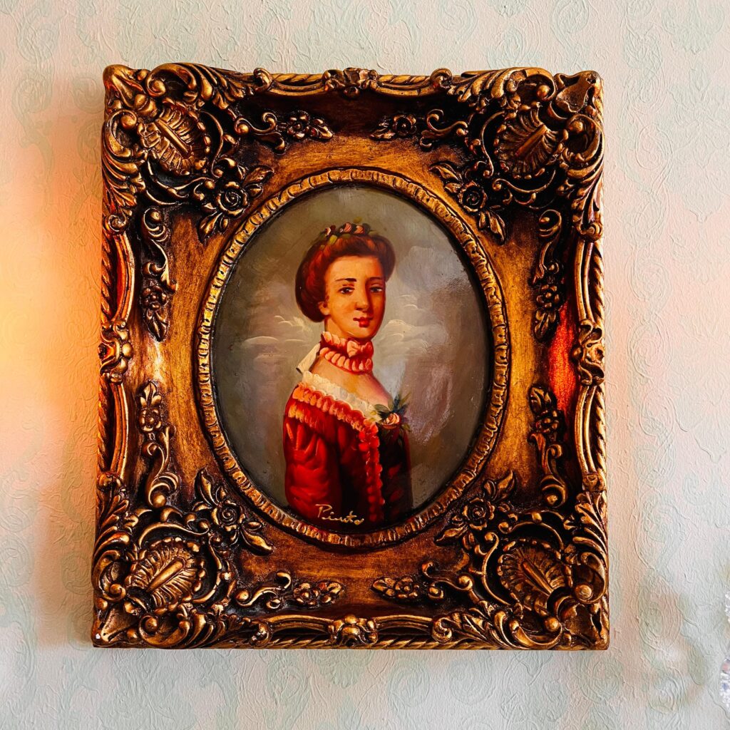 Lady Portrait Painting on Wood with Golden Frame, Convex Handmade