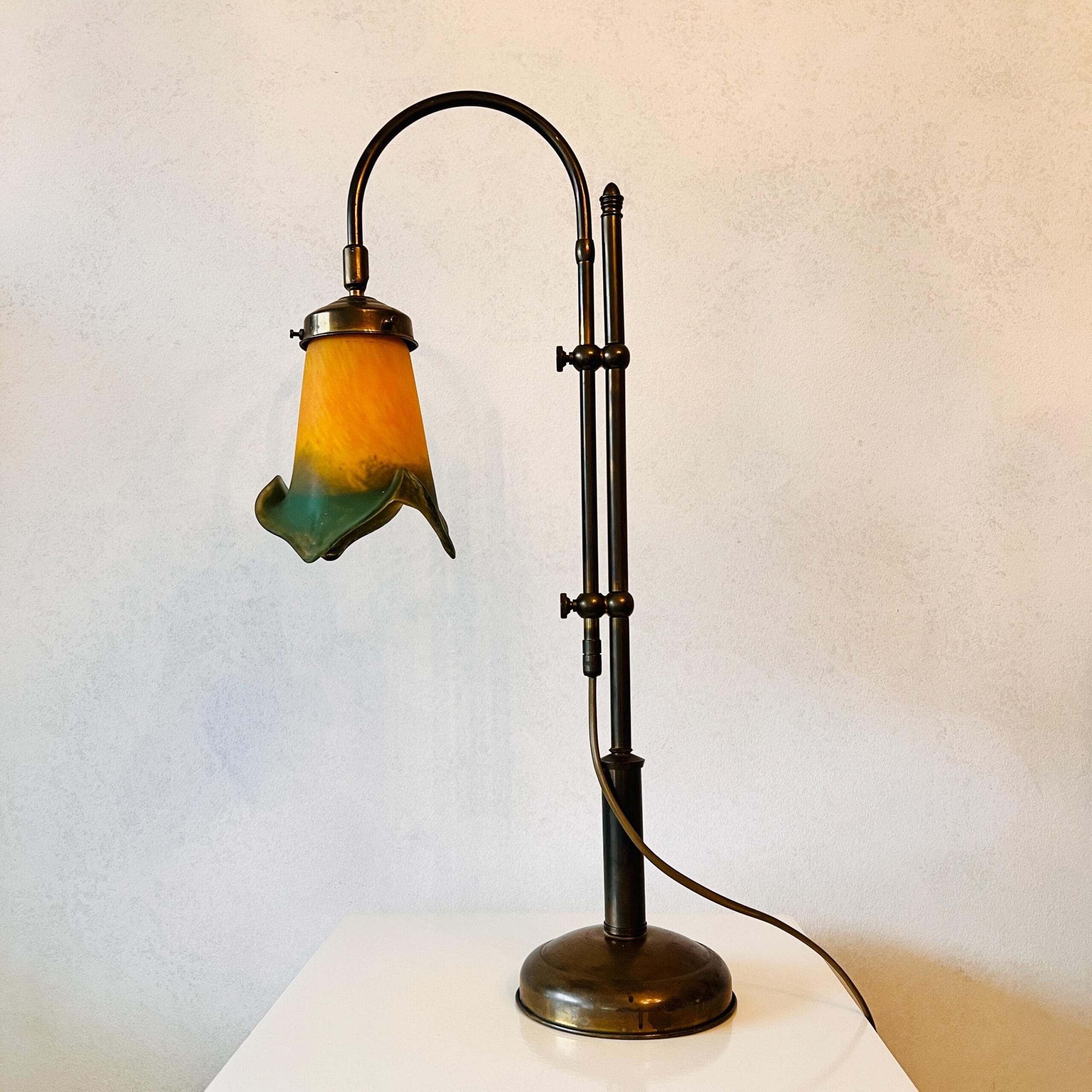Frosted Glass Brass Desk Lamp with Flower Shade, Adjustable 70s Lighting, French Style Pate de Vere Table Light