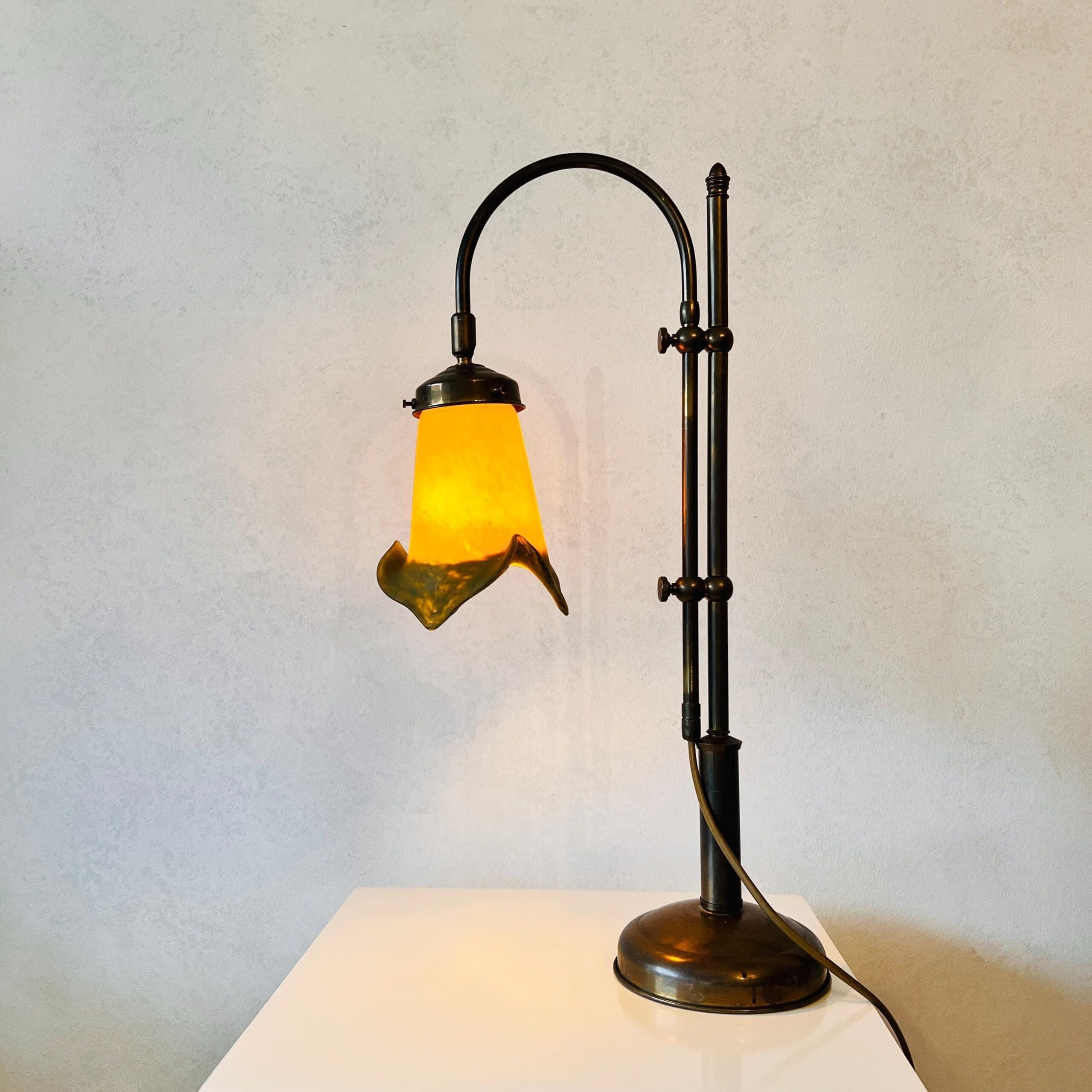Frosted Glass Brass Desk Lamp with Flower Shade, Adjustable 70s Lighting, French Style Pate de Vere Table Light