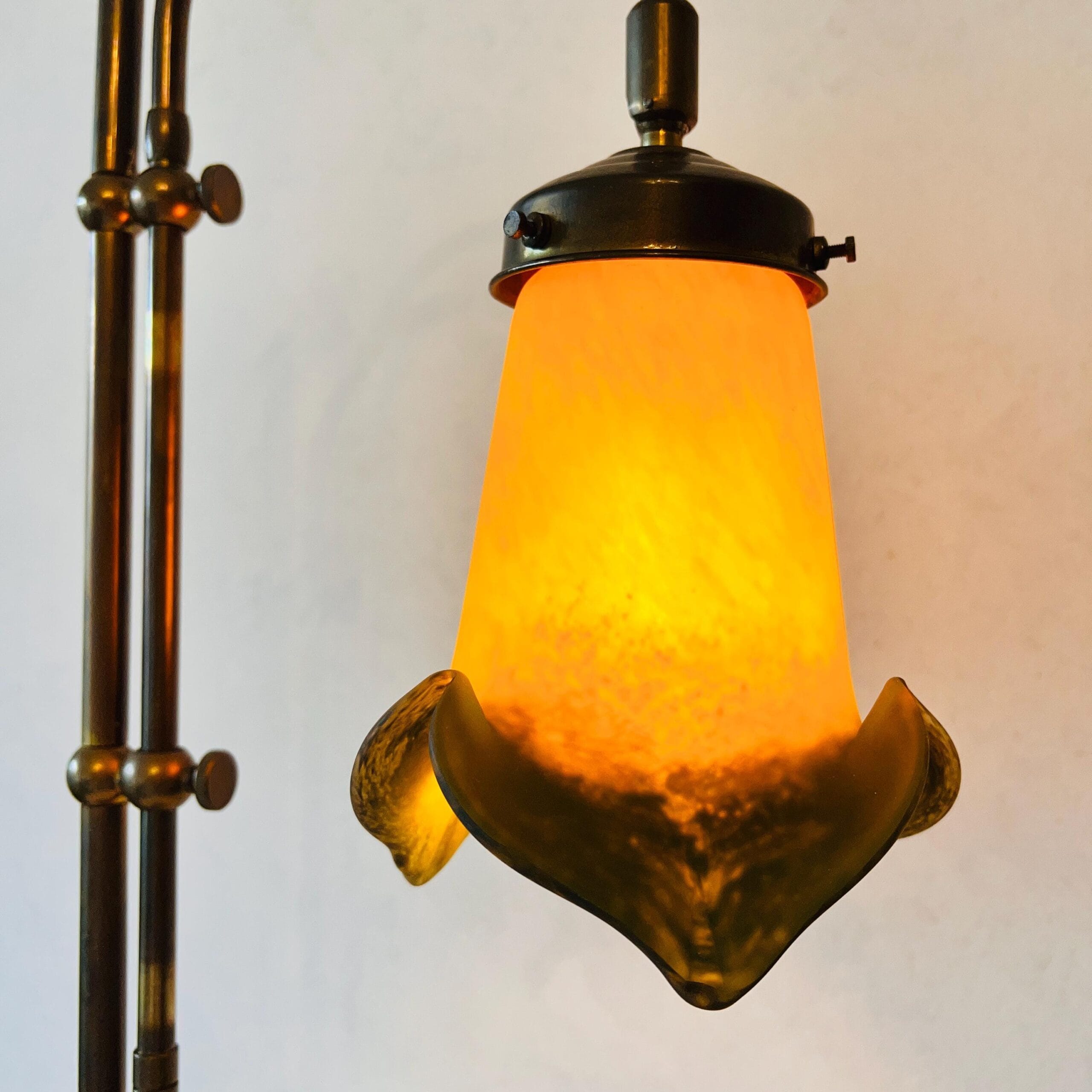 Frosted Glass Brass Desk Lamp with Flower Shade, Adjustable 70s Lighting, French Style Pate de Vere Table Light