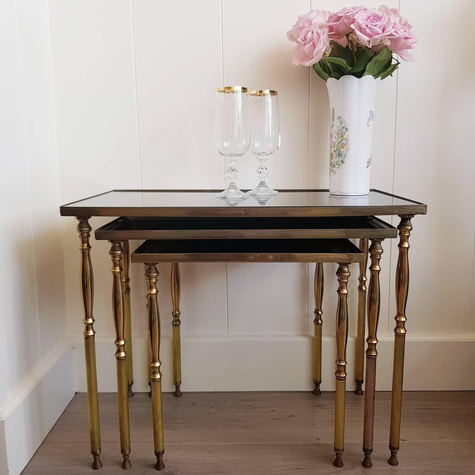 Brass and Smoked Glass Nesting Tables, Mid Century Hollywood Regency Side Tables, Set of 3 Mirrored Coffee Tables