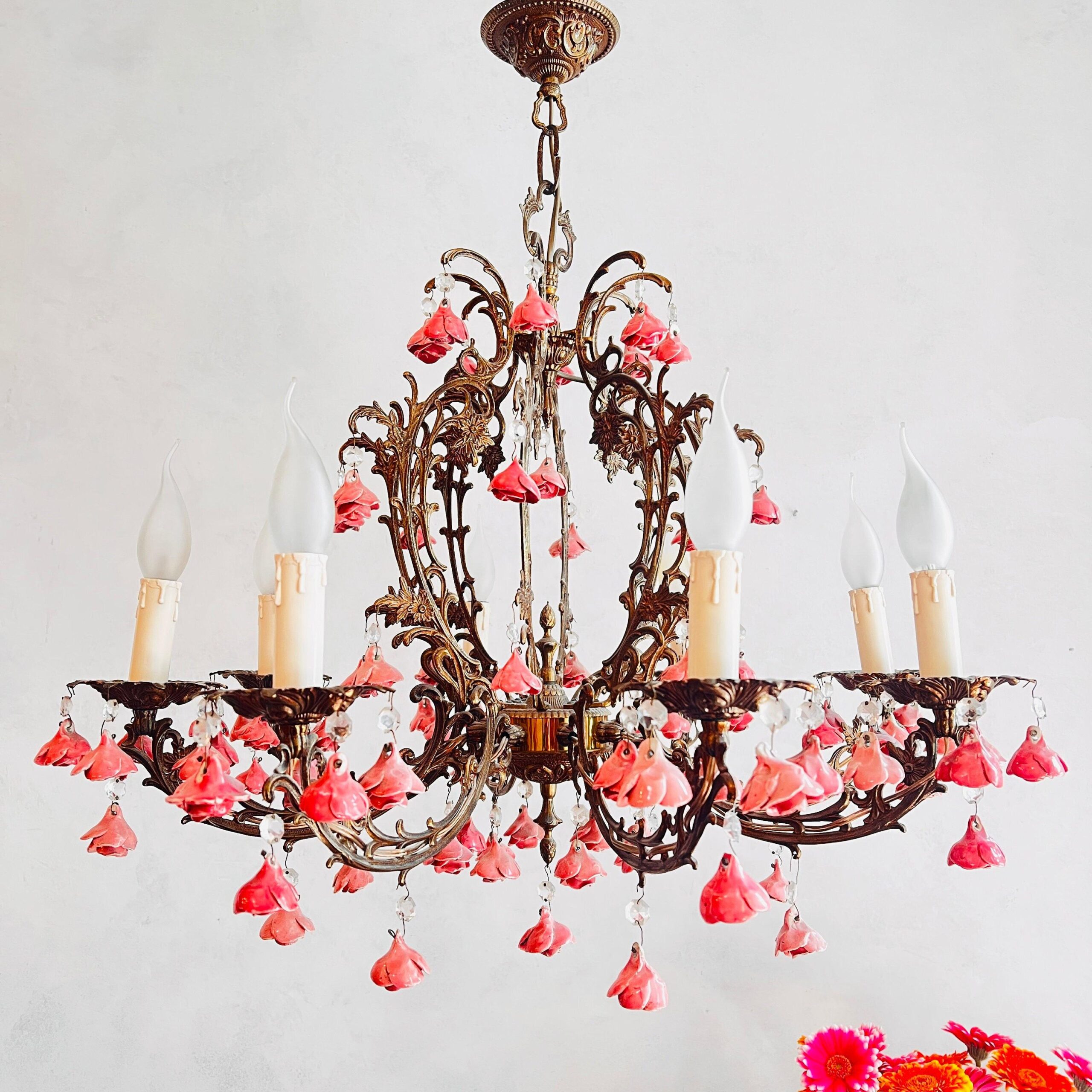 Eight Light Toleware Floral Chandelier with Pink Roses, French Country Cottage Style Ceiling Fixture, Romantic Vintage Lighting