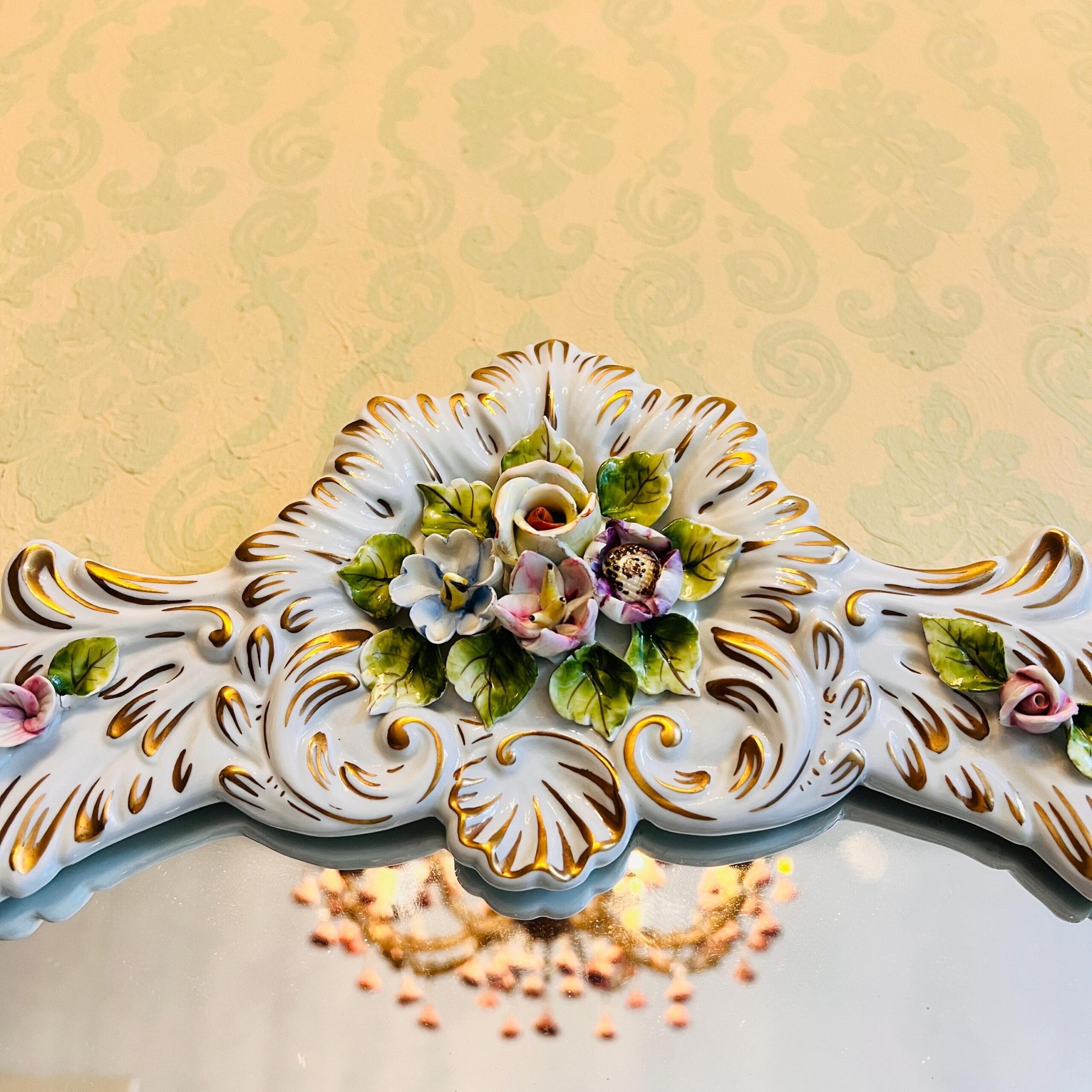 Porcelain Hollywood Regency Wall Mirror – Mid-Century Venetian Style, Italian Capodimonte Look, Gold Frame Accent Decor