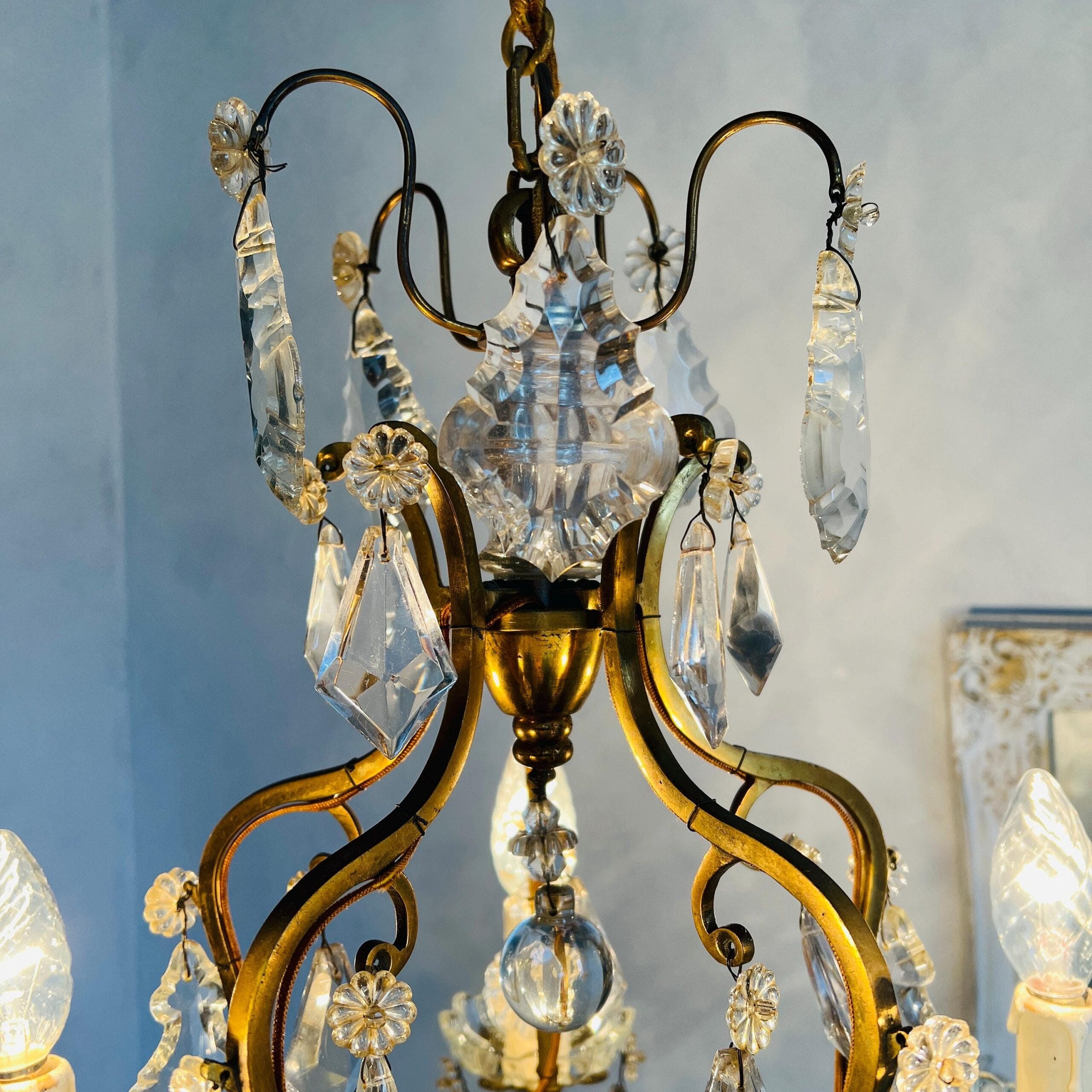 French Crystal Chandelier with Brass Finish, Ornate Vintage Ceiling Light for Dining Room or Entryway, Statement Lighting Decor