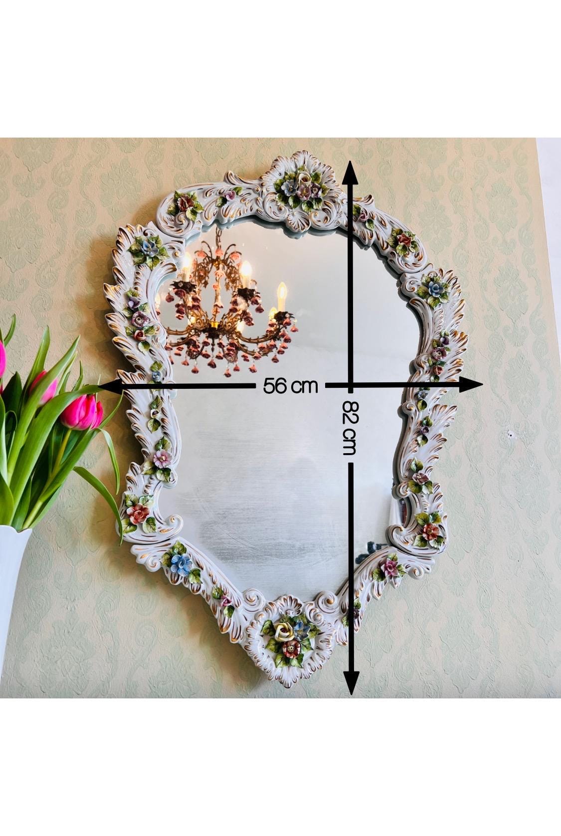 Porcelain Hollywood Regency Wall Mirror – Mid-Century Venetian Style, Italian Capodimonte Look, Gold Frame Accent Decor