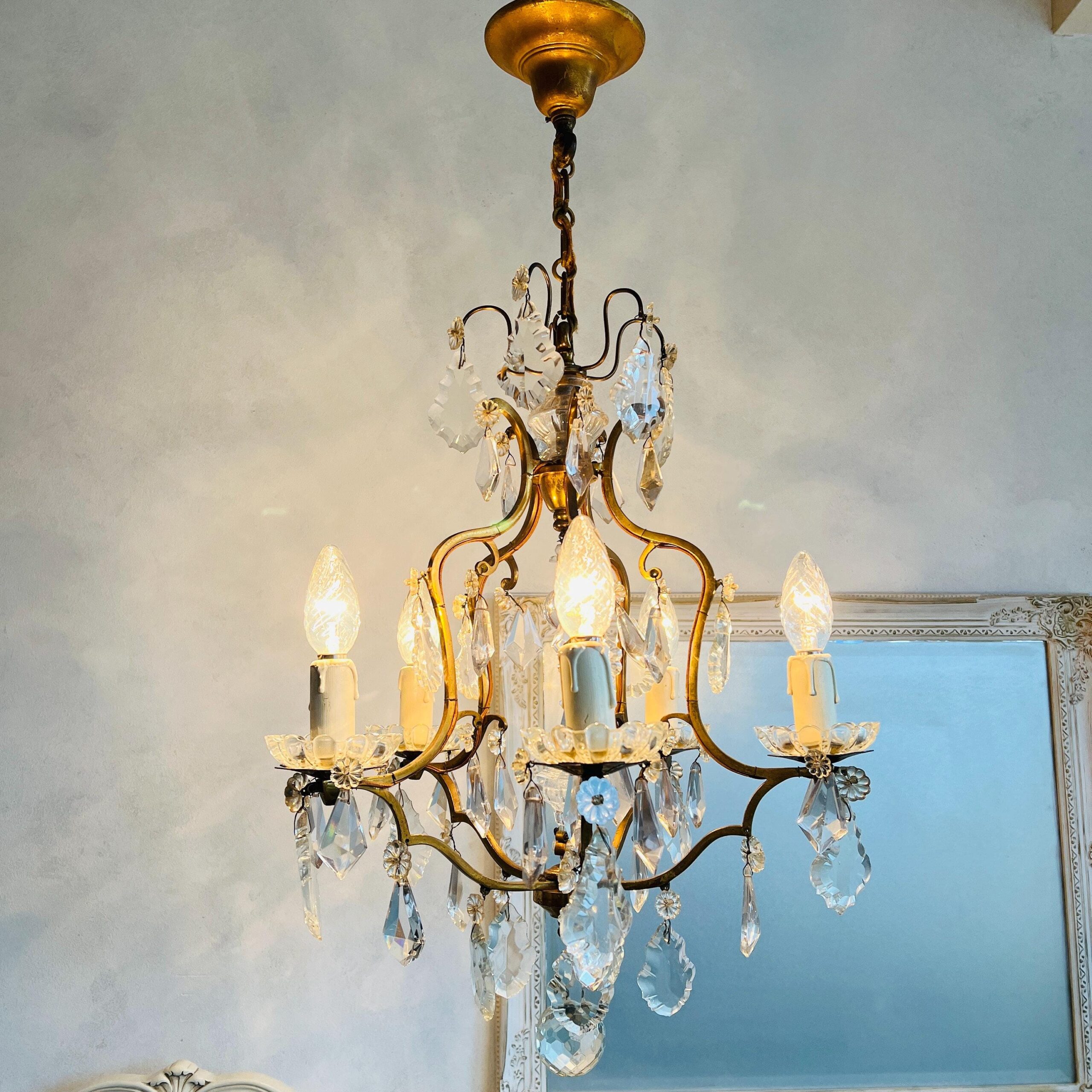 French Crystal Chandelier with Brass Finish, Ornate Vintage Ceiling Light for Dining Room or Entryway, Statement Lighting Decor