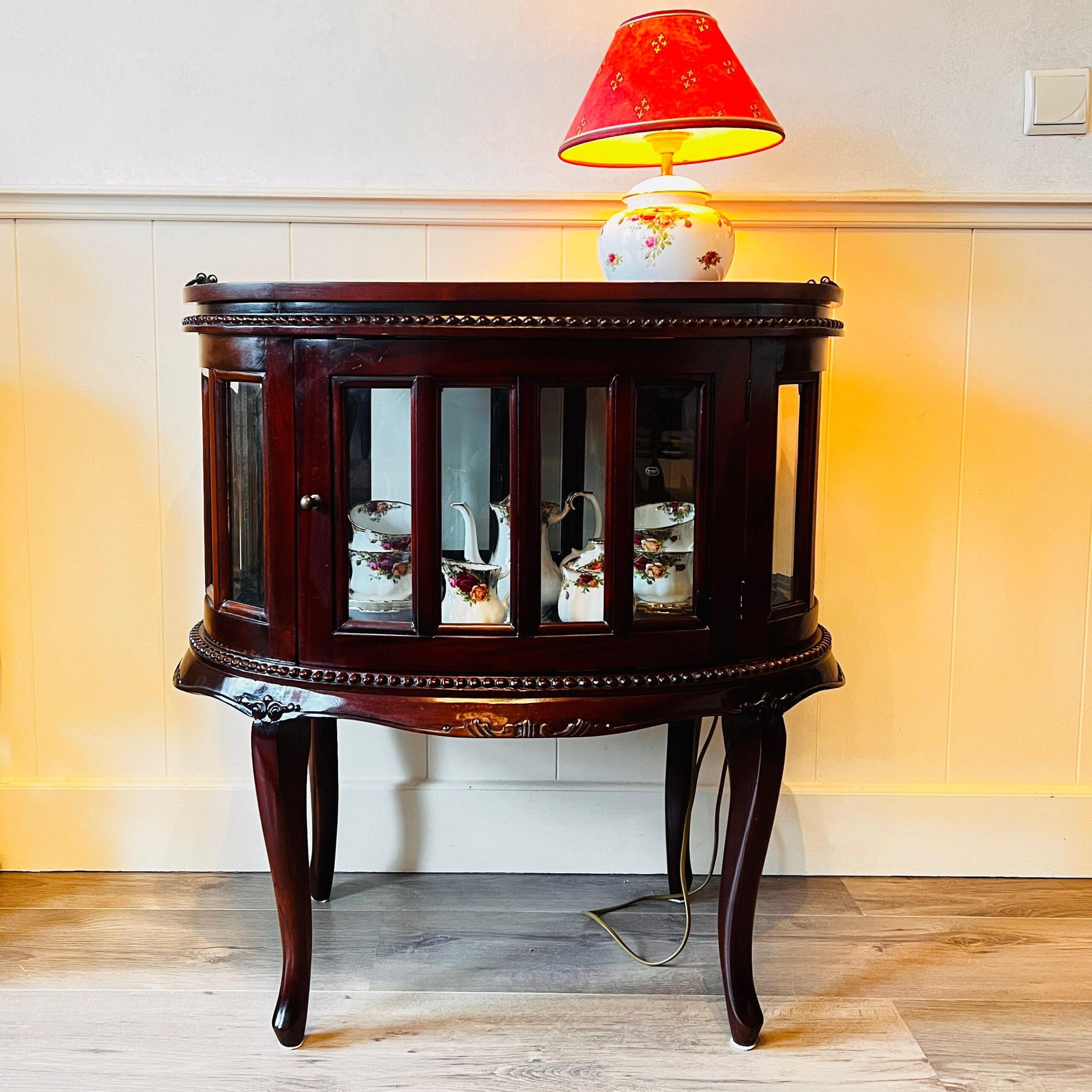 Mahogany Wood Tea Cabinet with Oval Tray Top, Beveled Glass Doors, Vintage Display Table or Sideboard Storage Piece