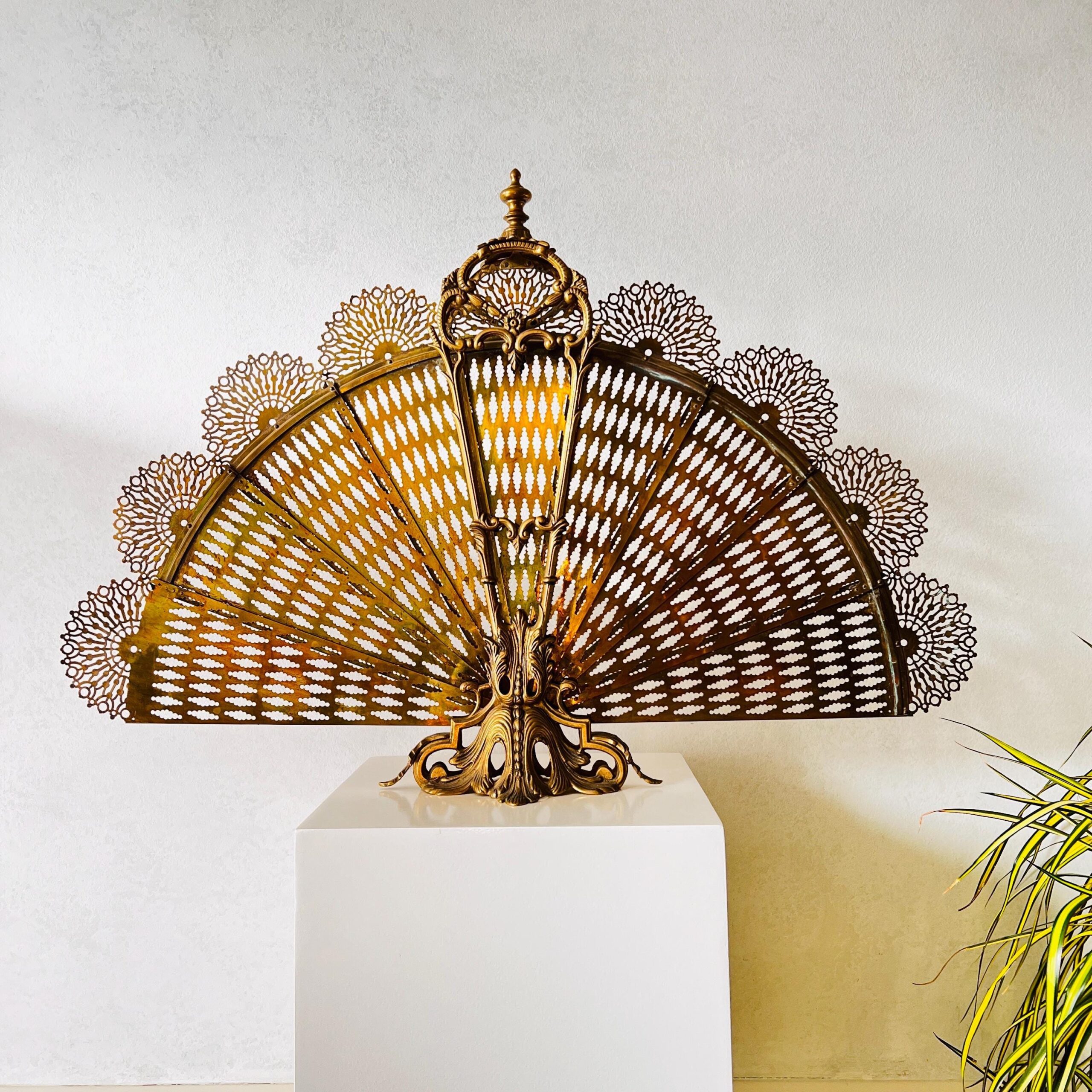 French Brass Folding Fan Fireplace Screen with Ornate Base - Early 20th Century Victorian Fire Decor Accent