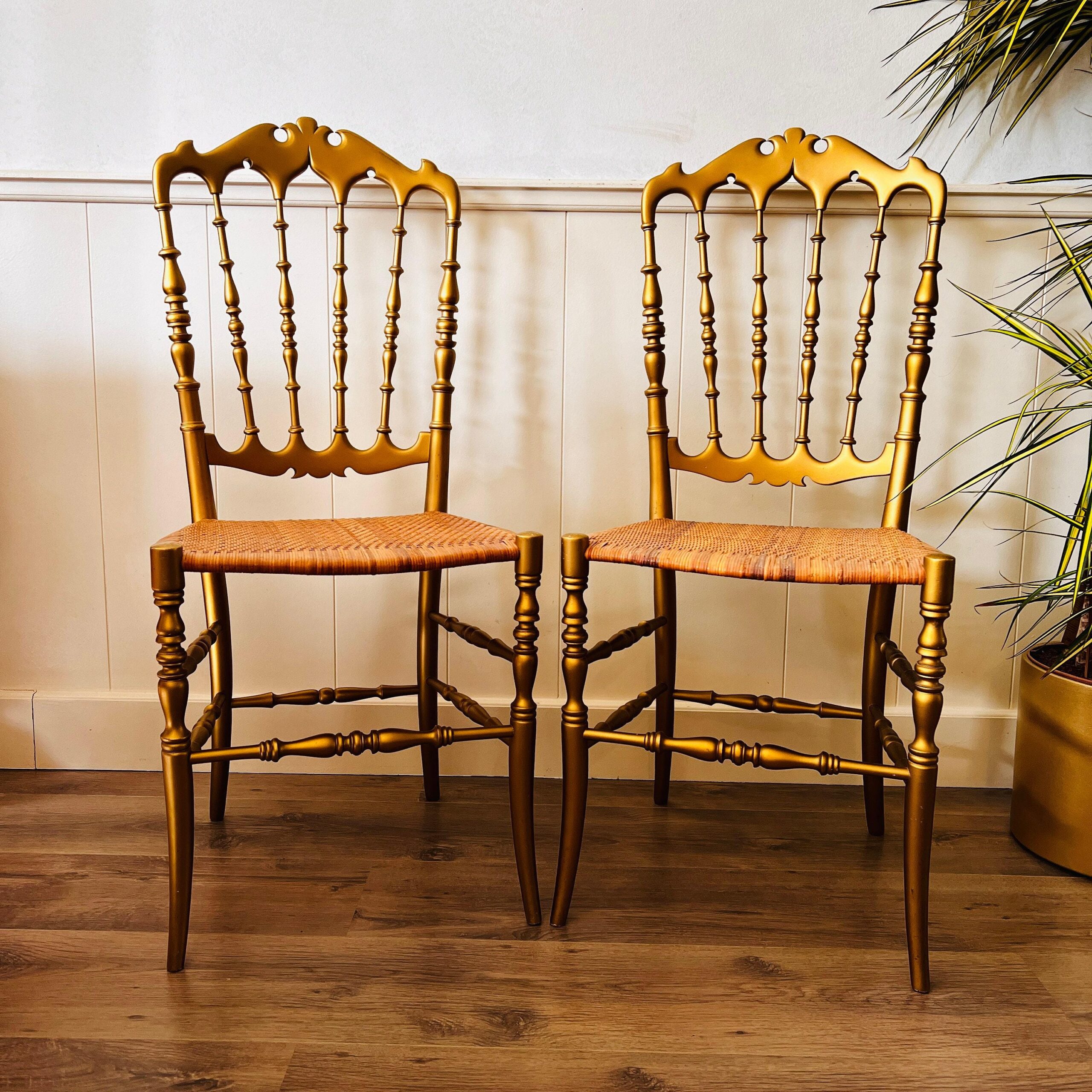 Pair of Gold Wood Chiavari-Style Chairs, Mid-Century Italian Event Seating, 1960s Dining Room Accent Set with Patina Charm