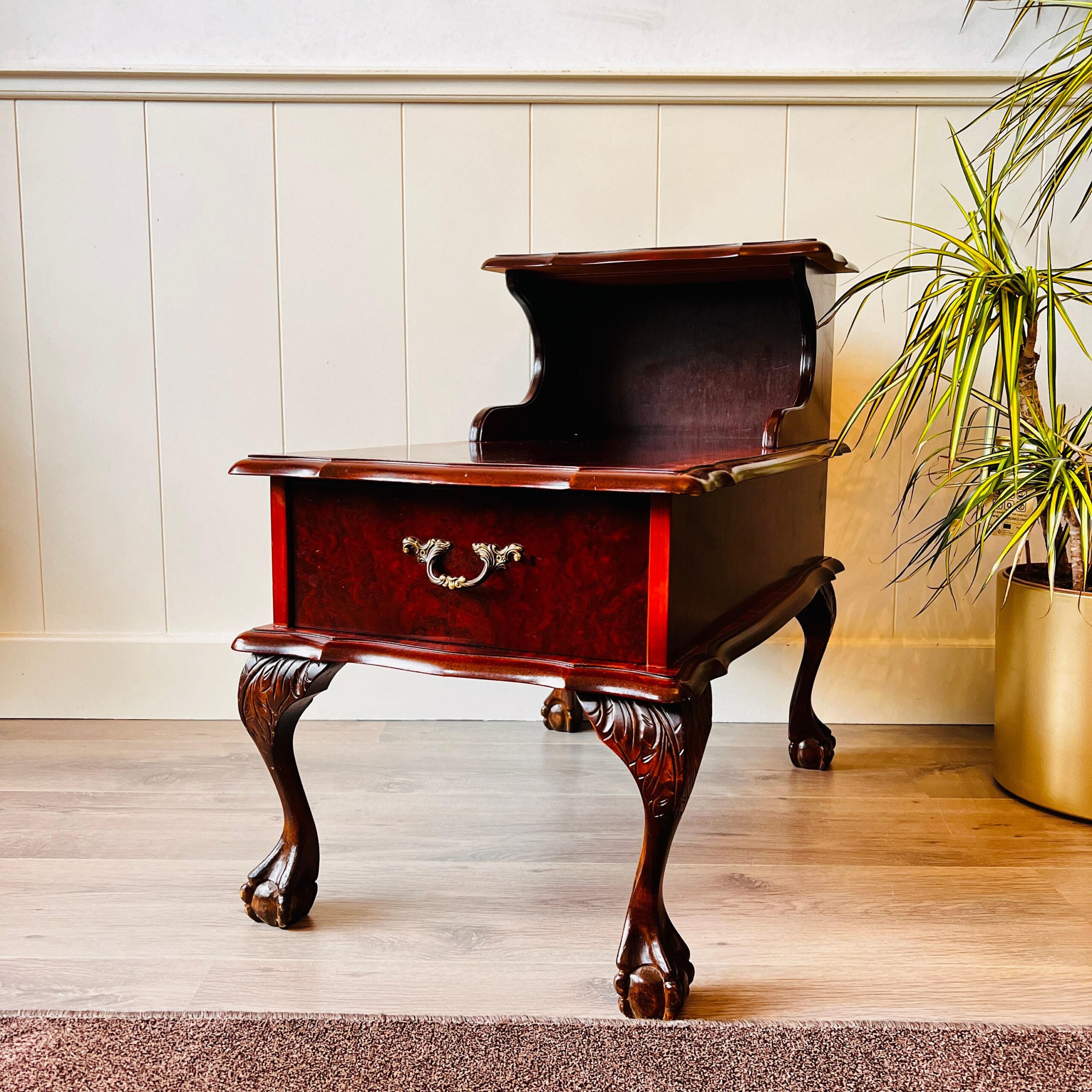 Wood Nightstand with Drawer, French Louis XV Bedside Cabinet, Chippendale Style Table with Lion Legs, Mid-Century Accent Piece