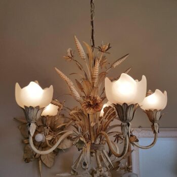 duplicate - Italian Tole Chandelier – 5-Arm Wheat & Floral Light, Mid Century Hollywood Regency Style
