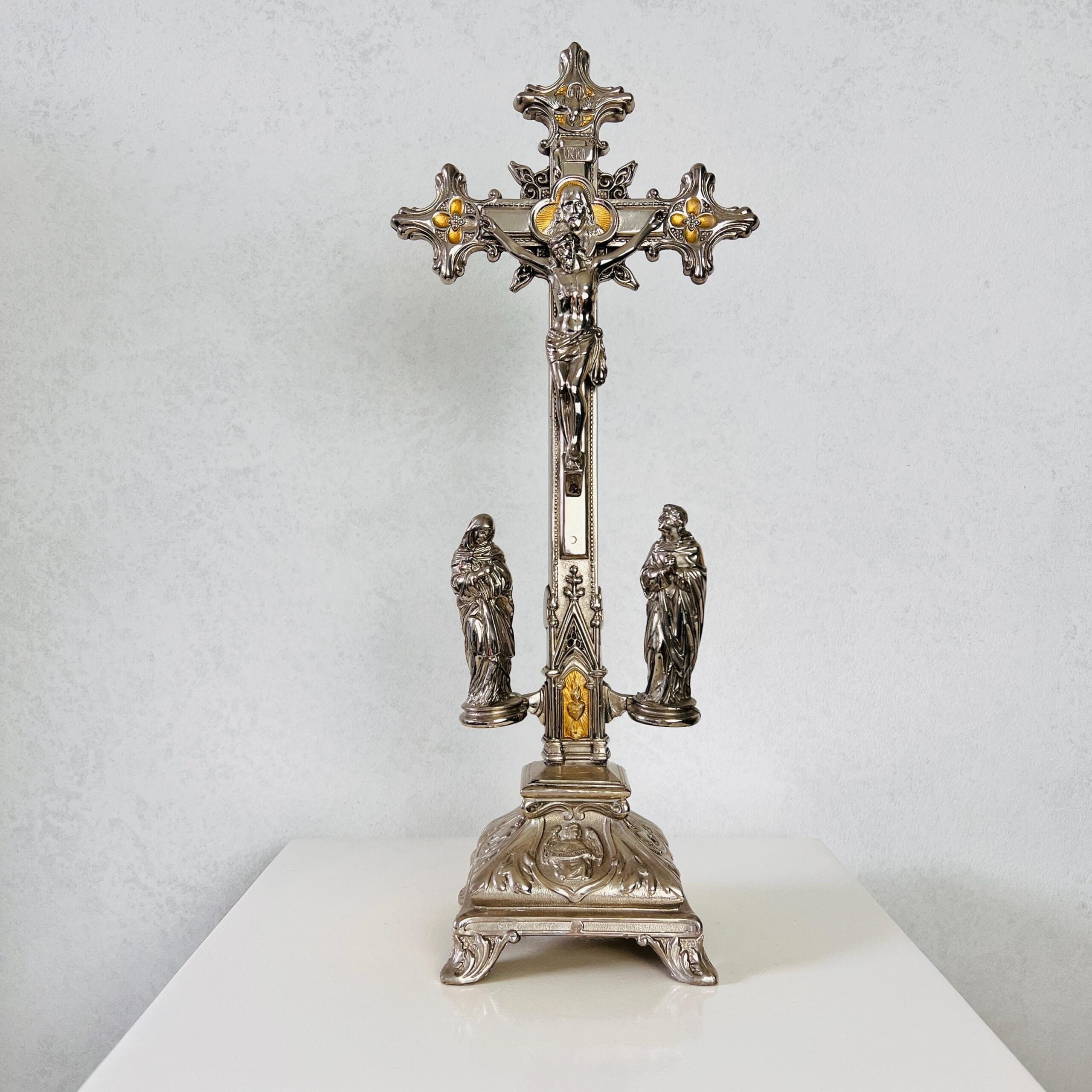 Glass Dome Religious Crucifix with Wooden Base, French Style Christian Cross Display for Home Altar or Sacred Decor