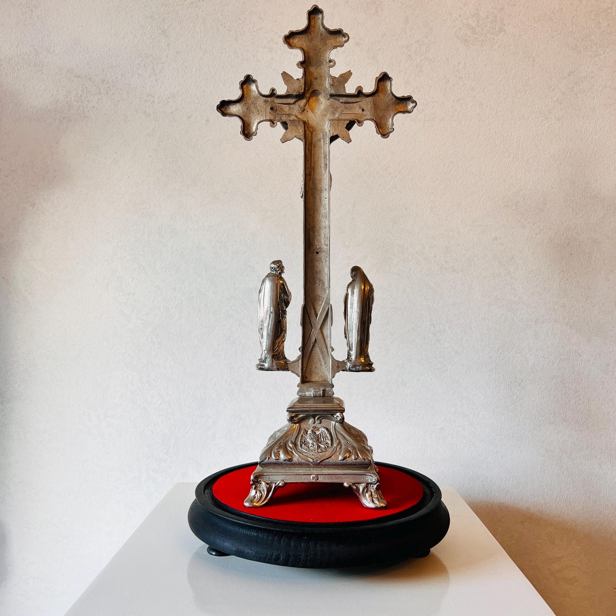 Glass Dome Religious Crucifix with Wooden Base, French Style Christian Cross Display for Home Altar or Sacred Decor