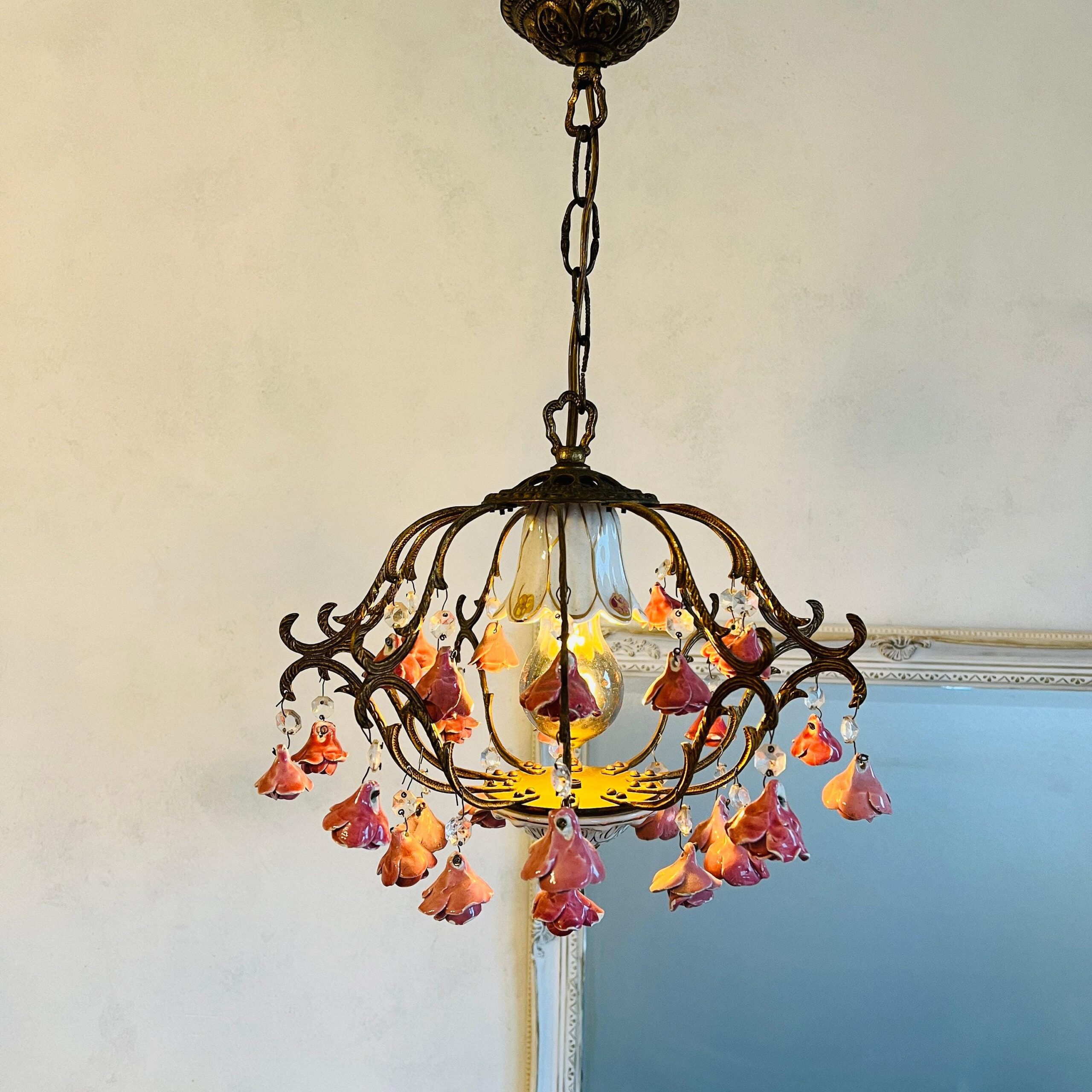 Vintage Porcelain Chandelier, Small Pink Roses, Home Lighting