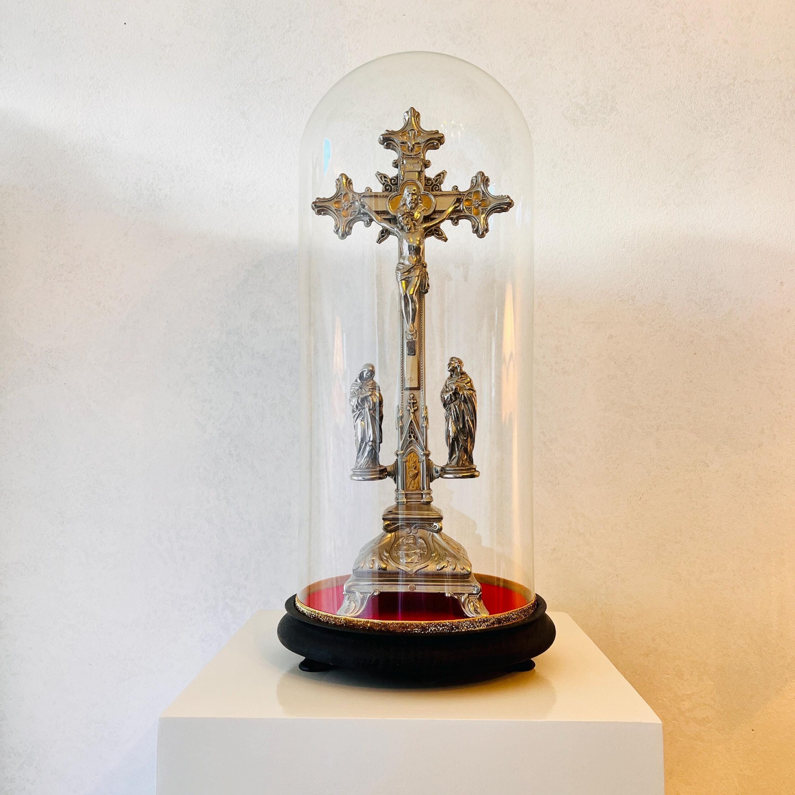 Glass Dome Religious Crucifix with Wooden Base, French Style Christian Cross Display for Home Altar or Sacred Decor