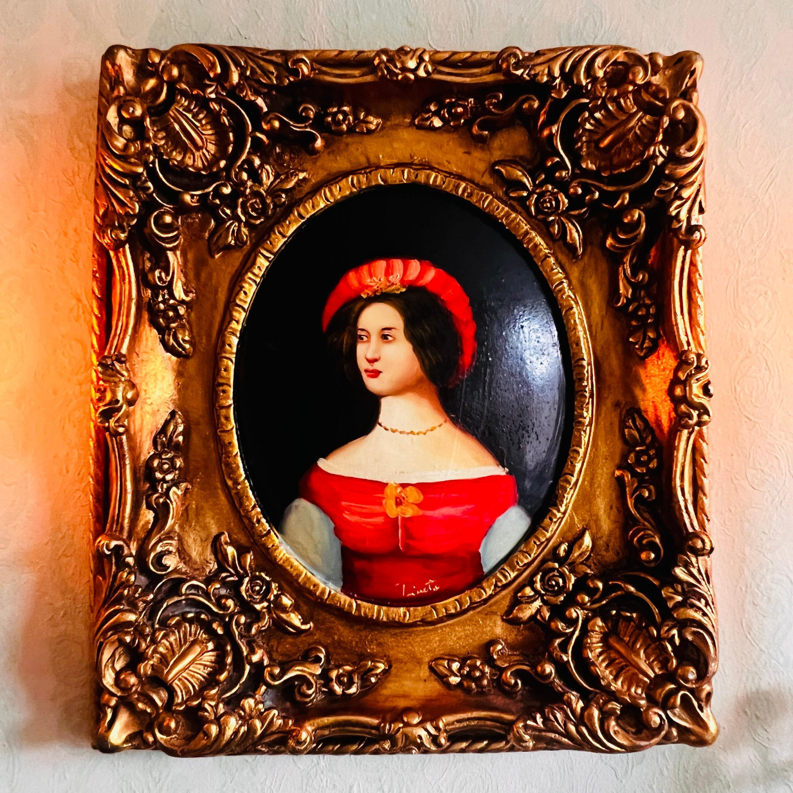 Lady Portrait Painting on Wood with Golden Frame, Convex Handmade Wall Art, Signed Vintage Decor for Elegant Interiors