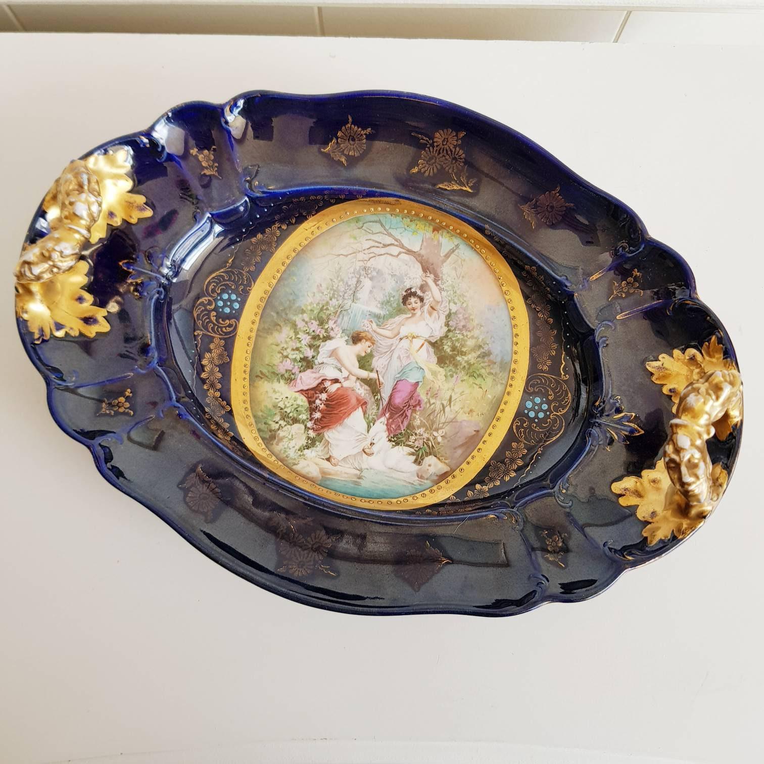 Cobalt Blue Porcelain Oval Tray with Handles, Royal Vienna Alexandra Works, Gilded Gold Trim, Austria, NR 5731, Kitchen Accent