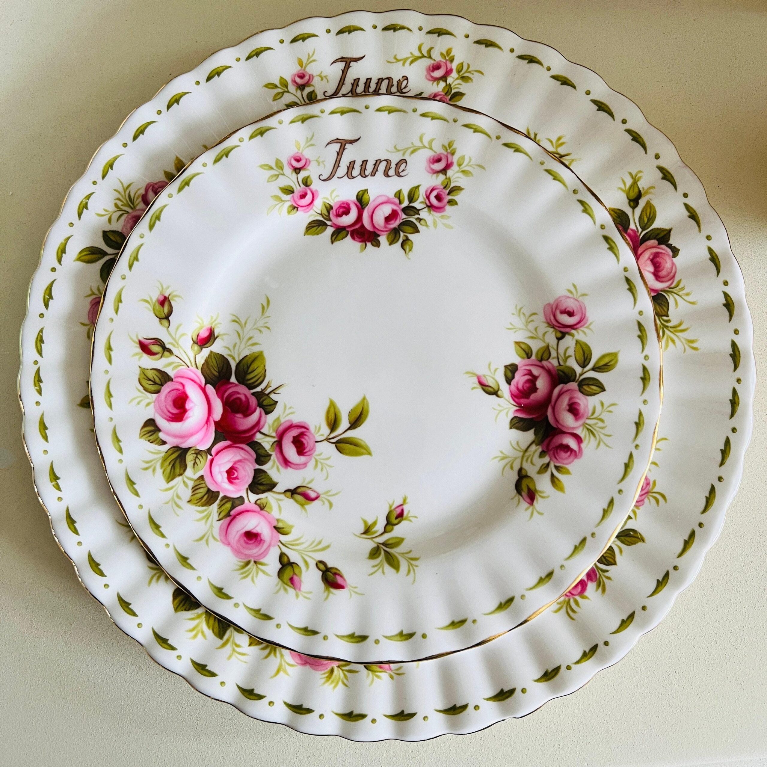 Bone China Tea Cup Saucer and Plates Set by Royal Albert, June Roses, Flower of the Month Series, Vintage Quad, Made in England
