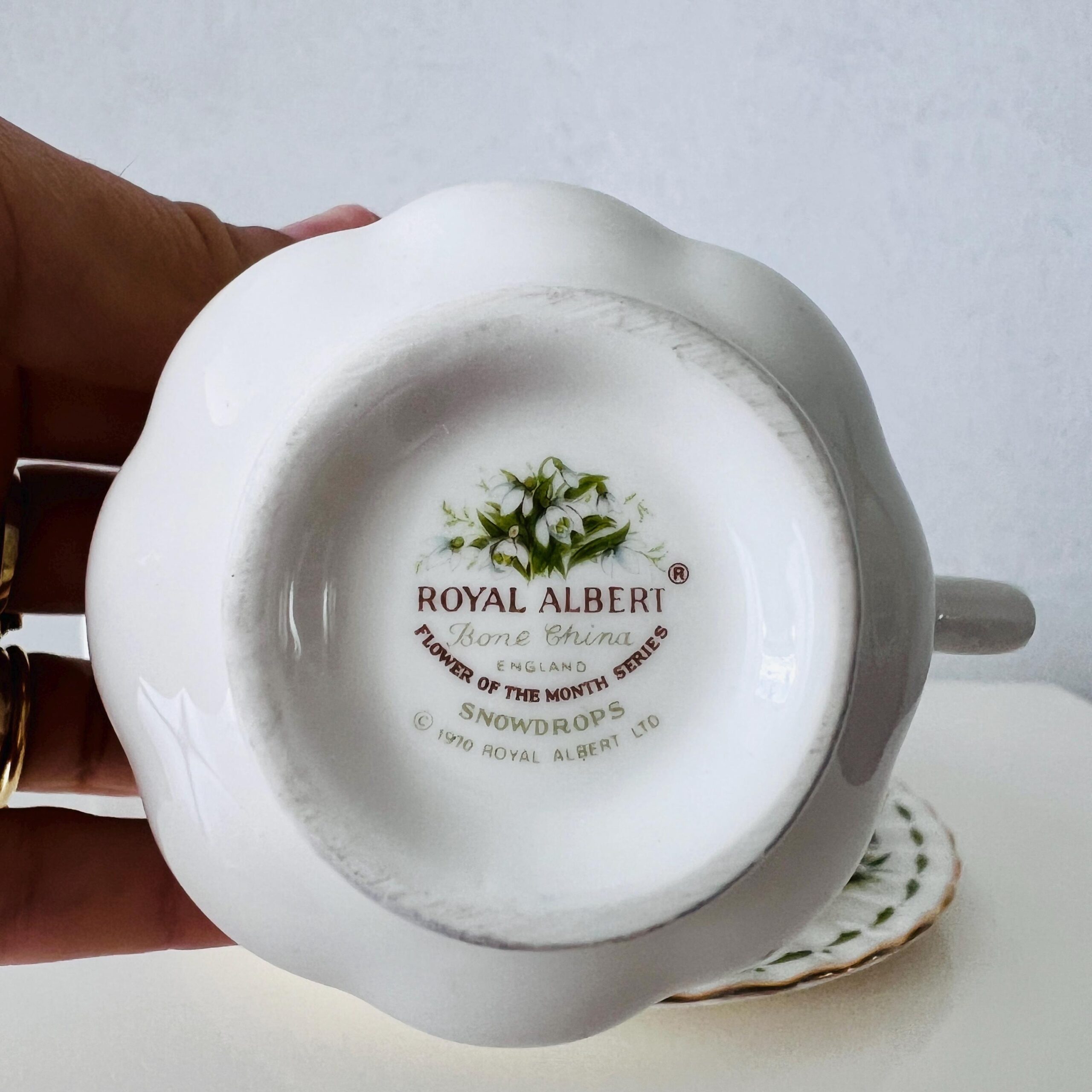Vintage Royal Albert January Snowdrops Trio: 1970s Bone China Cup, Saucer, Plate
