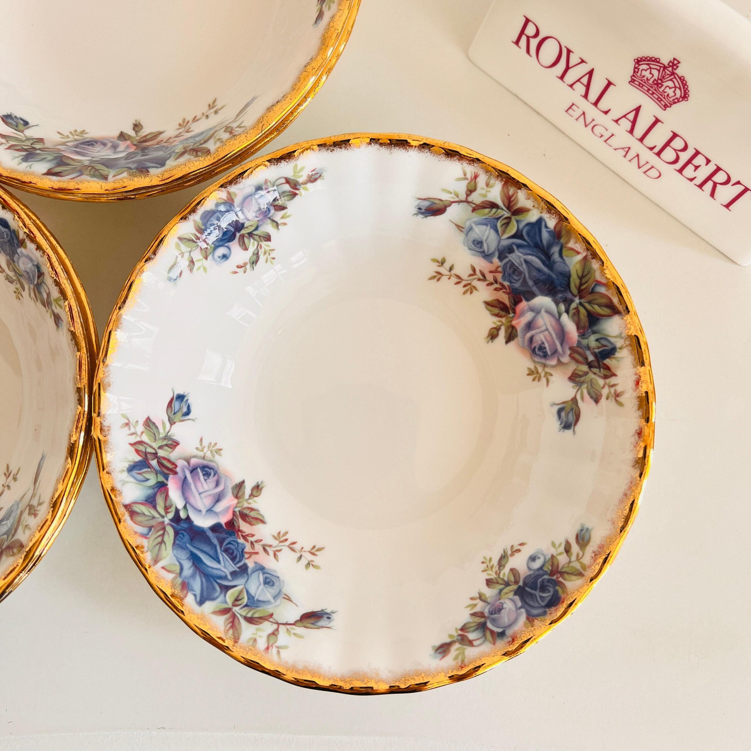 Bone China Breakfast Bowls Set of 6 by Royal Albert Moonlight Rose 1987 Blue Floral English Tableware