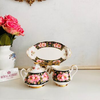 Porcelain milk jug sugar bowl and tray set Royal Albert Alberta Rose bone china Provincial Flowers 1975 England trio