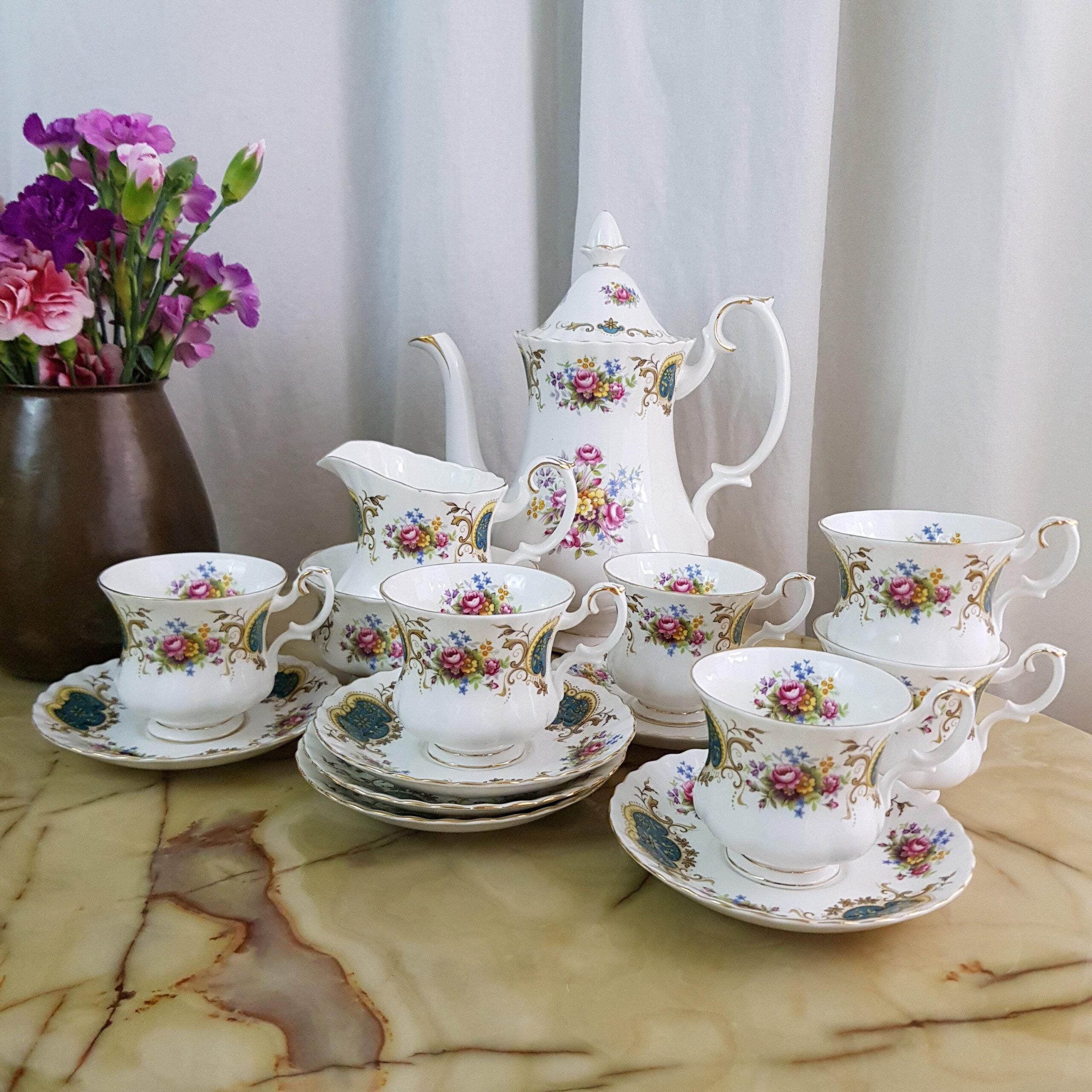 Bone china tea coffee set for six by Royal Albert, Berkeley pattern, vintage English tableware, 16-piece gift-worthy collection