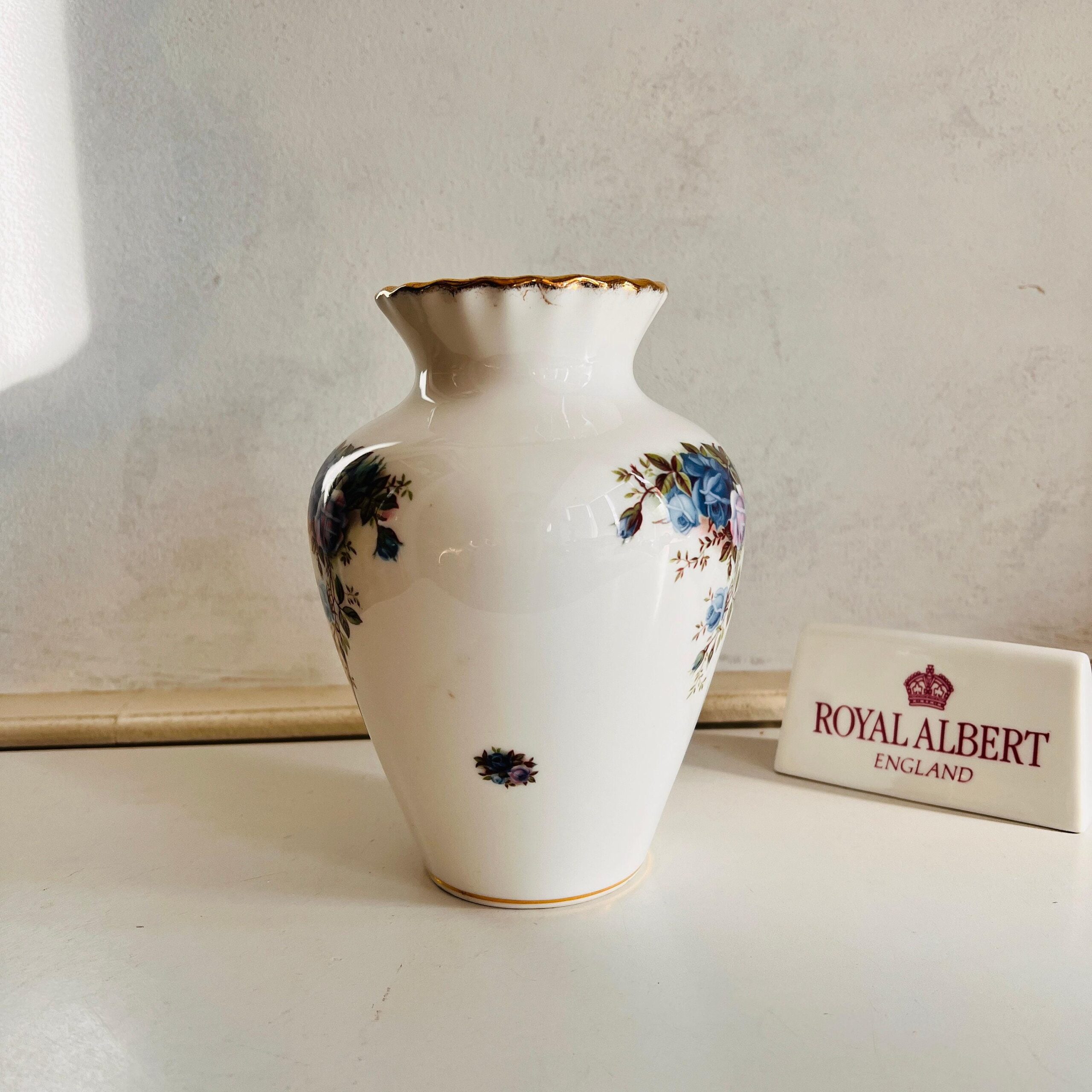 Royal Albert Moonlight Roses Bone China Vase, Large Porcelain Floral Vessel, 1987 English Collectible, Elegant Gift for Her