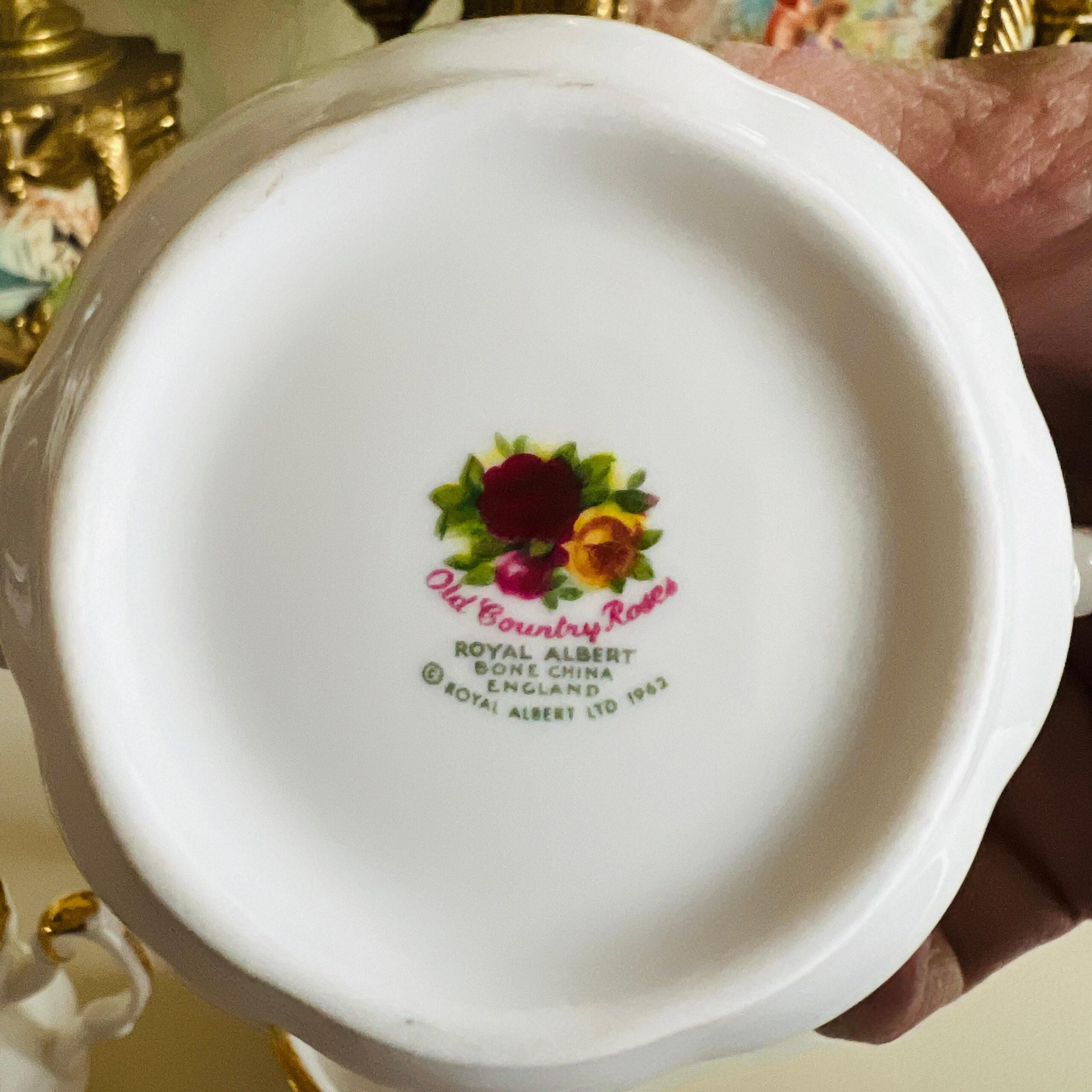 Porcelain Dollhouse Tea Set by Royal Albert, Old Country Roses Bone China Miniature Set, Made in England, 4-Piece 1960s Rarity
