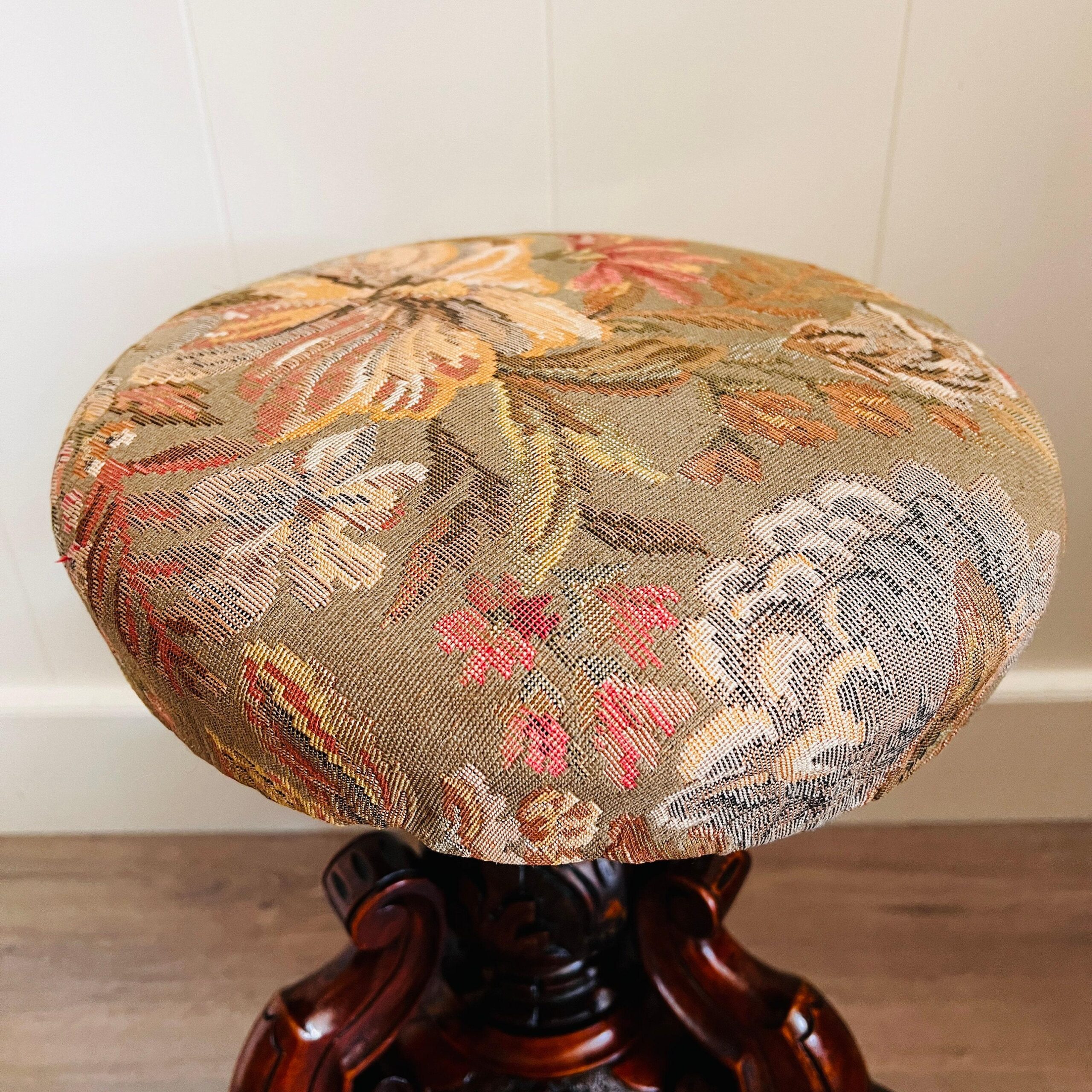 Antique Wood Piano Stool with Cabriole Legs and Scrolled Feet, Victorian Era Carved Seat, Classical Accent Furniture Piece