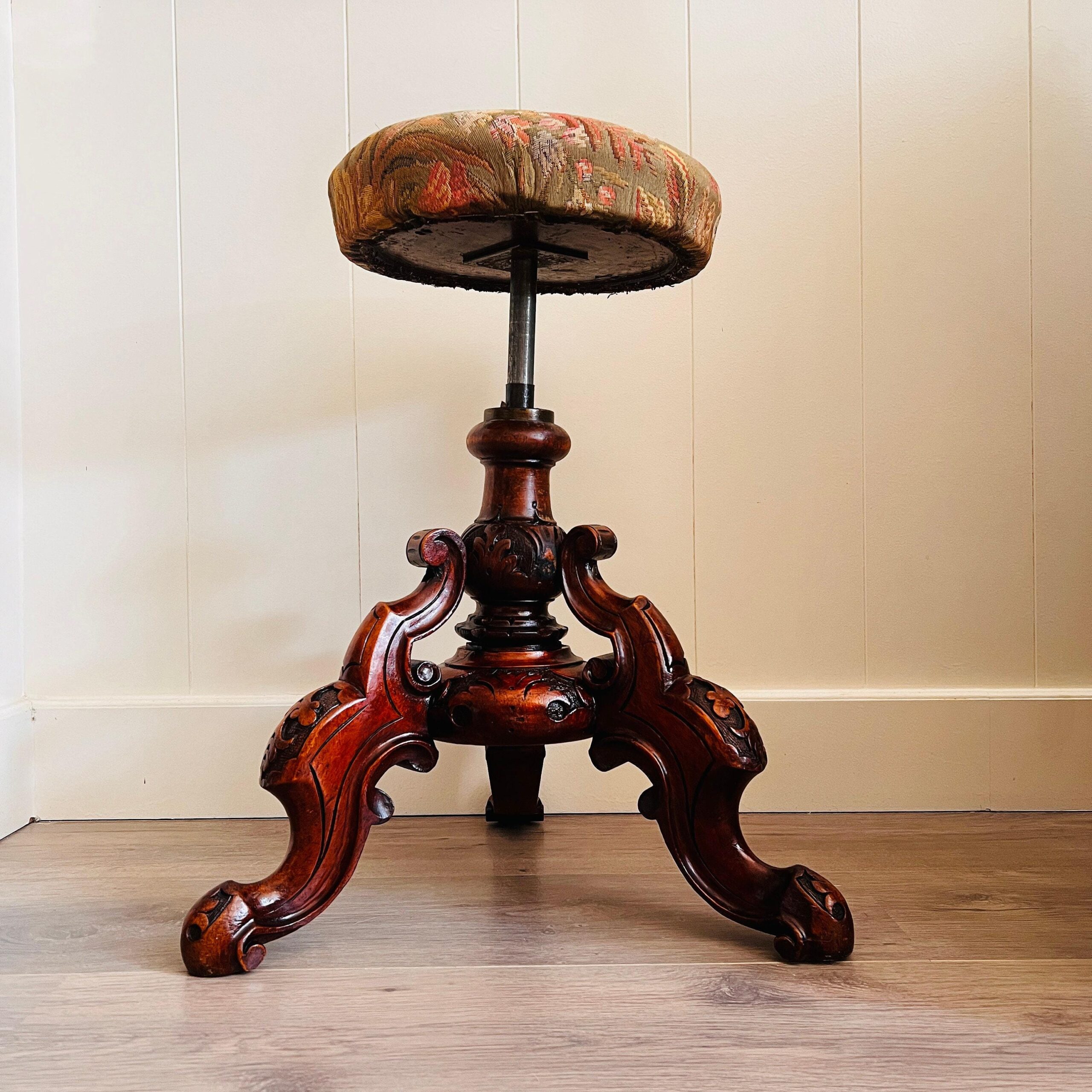 Antique Wood Piano Stool with Cabriole Legs and Scrolled Feet, Victorian Era Carved Seat, Classical Accent Furniture Piece