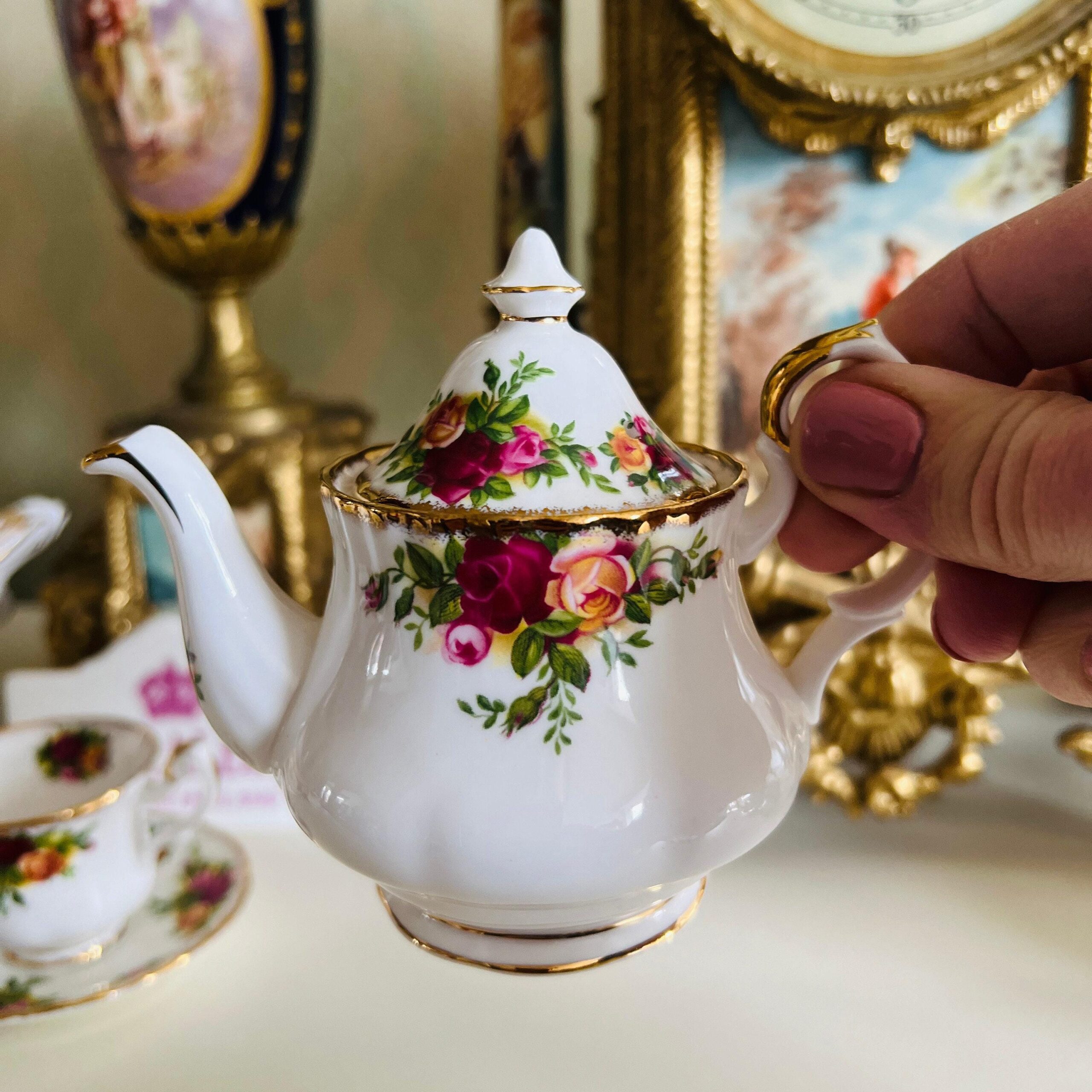 Porcelain Dollhouse Tea Set by Royal Albert, Old Country Roses Bone China Miniature Set, Made in England, 4-Piece 1960s Rarity