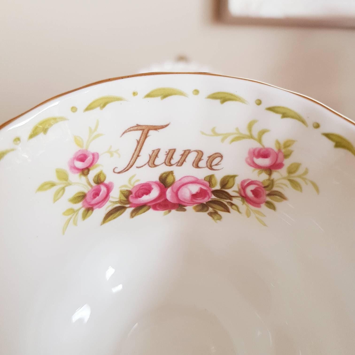 Bone China Tea Cup Saucer and Plates Set by Royal Albert, June Roses, Flower of the Month Series, Vintage Quad, Made in England