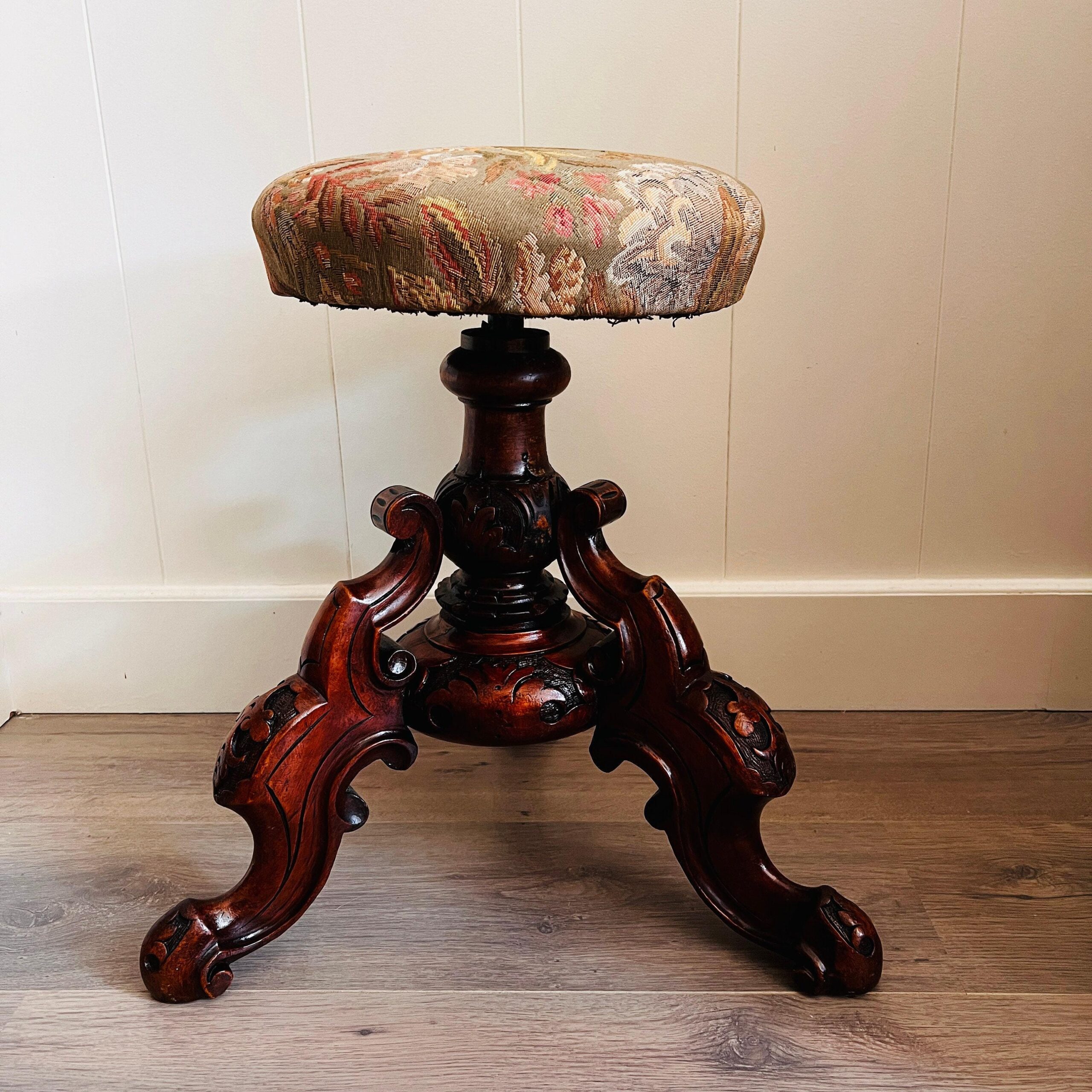 Antique Wood Piano Stool with Cabriole Legs and Scrolled Feet, Victorian Era Carved Seat, Classical Accent Furniture Piece