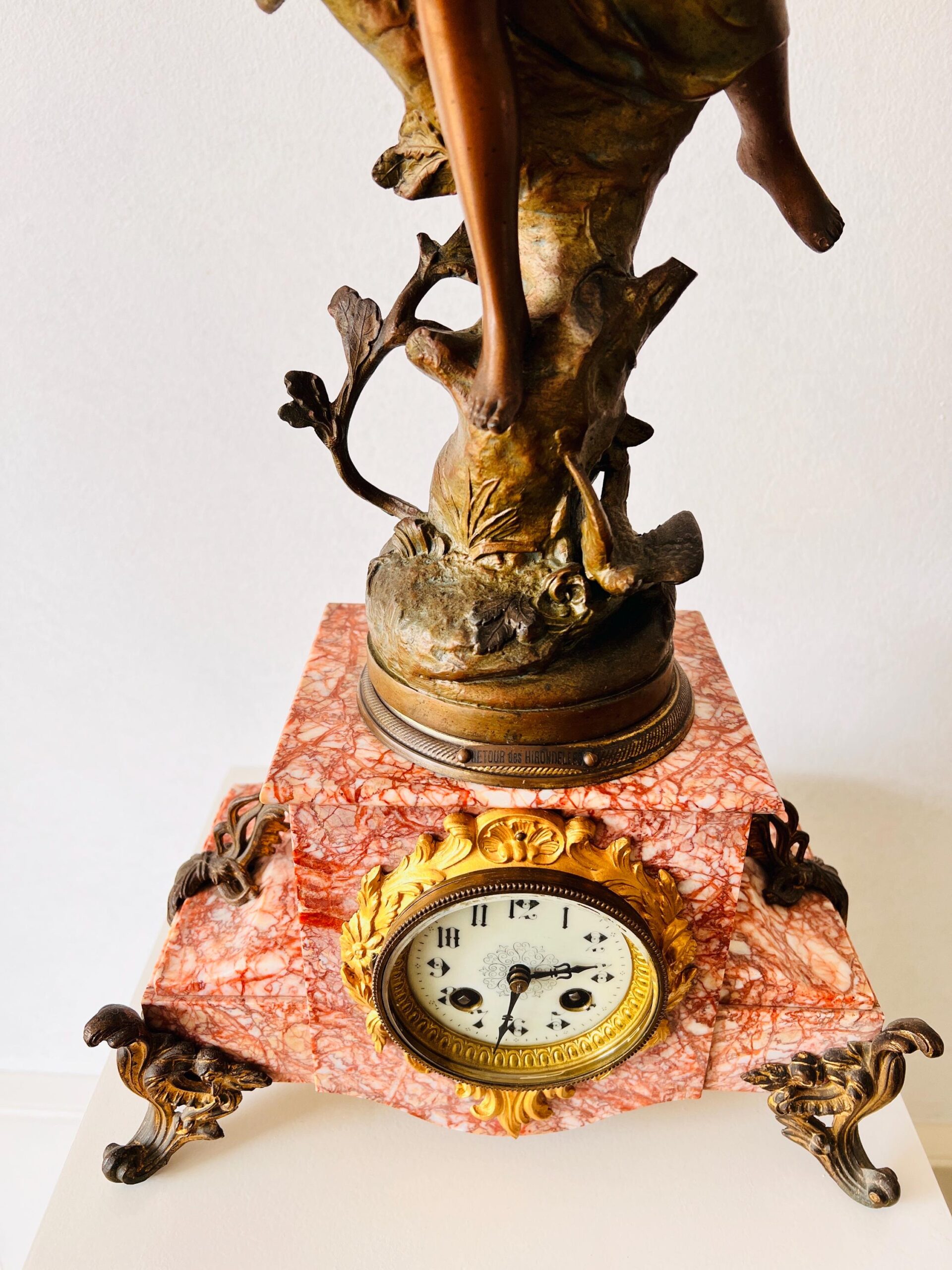 French Mantel Clock with Sculpture and Oil Lamp – Retour Des Hirondelles Belin