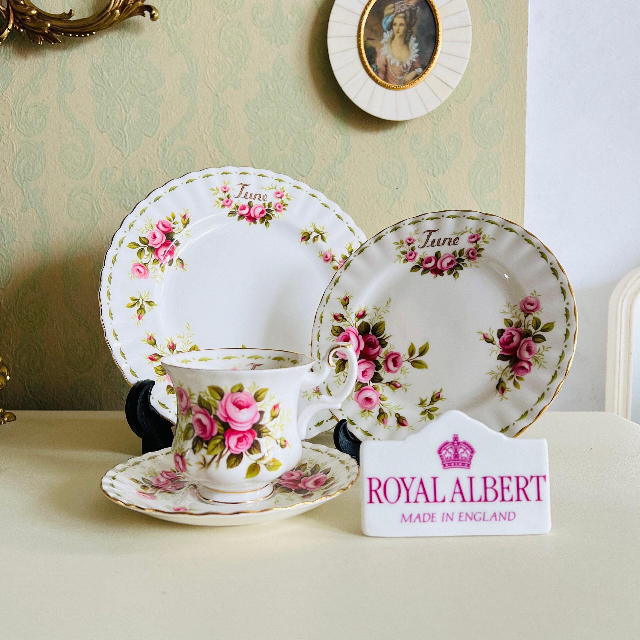 Bone China Tea Cup Saucer and Plates Set by Royal Albert, June Roses, Flower of the Month Series, Vintage Quad, Made in England